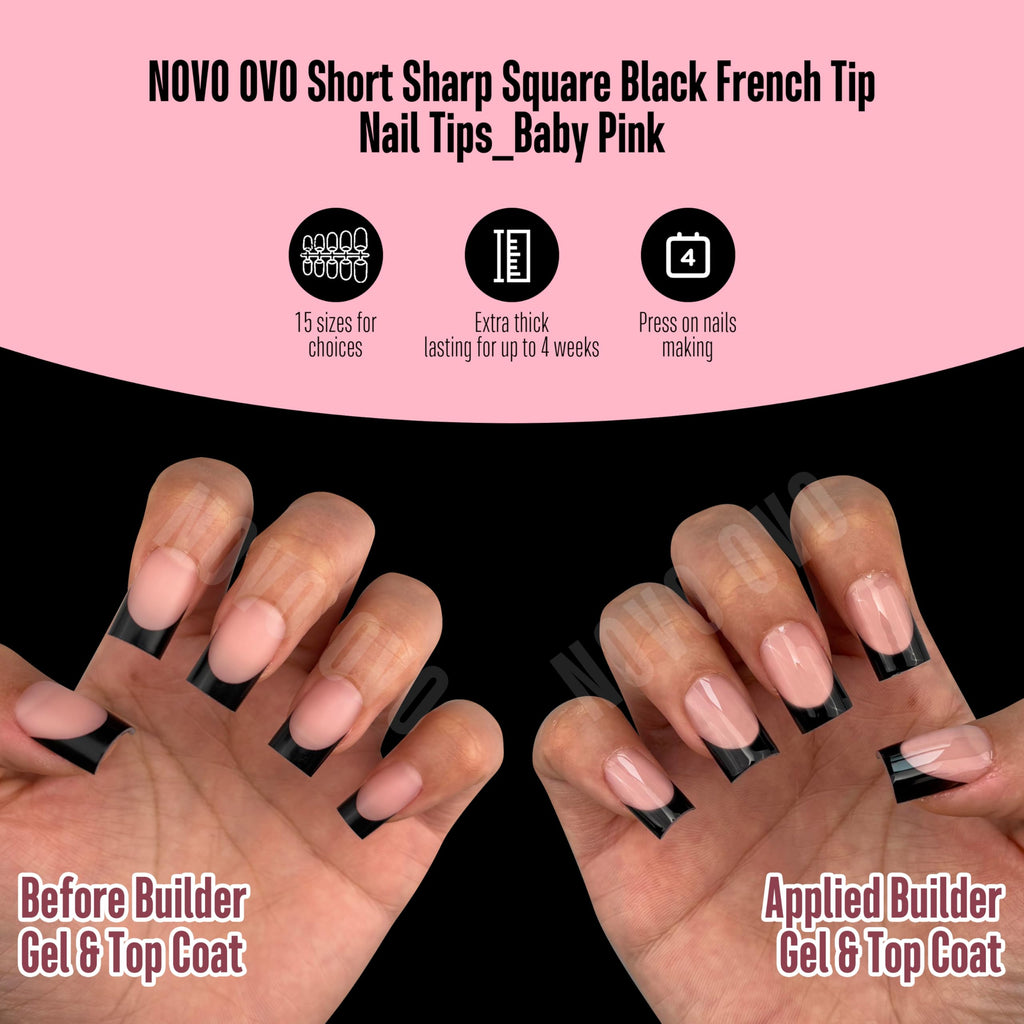NOVO OVO Black French Tip Nails – Short Sharp Square, Baby Pink, 240 pcs, 15 Sizes