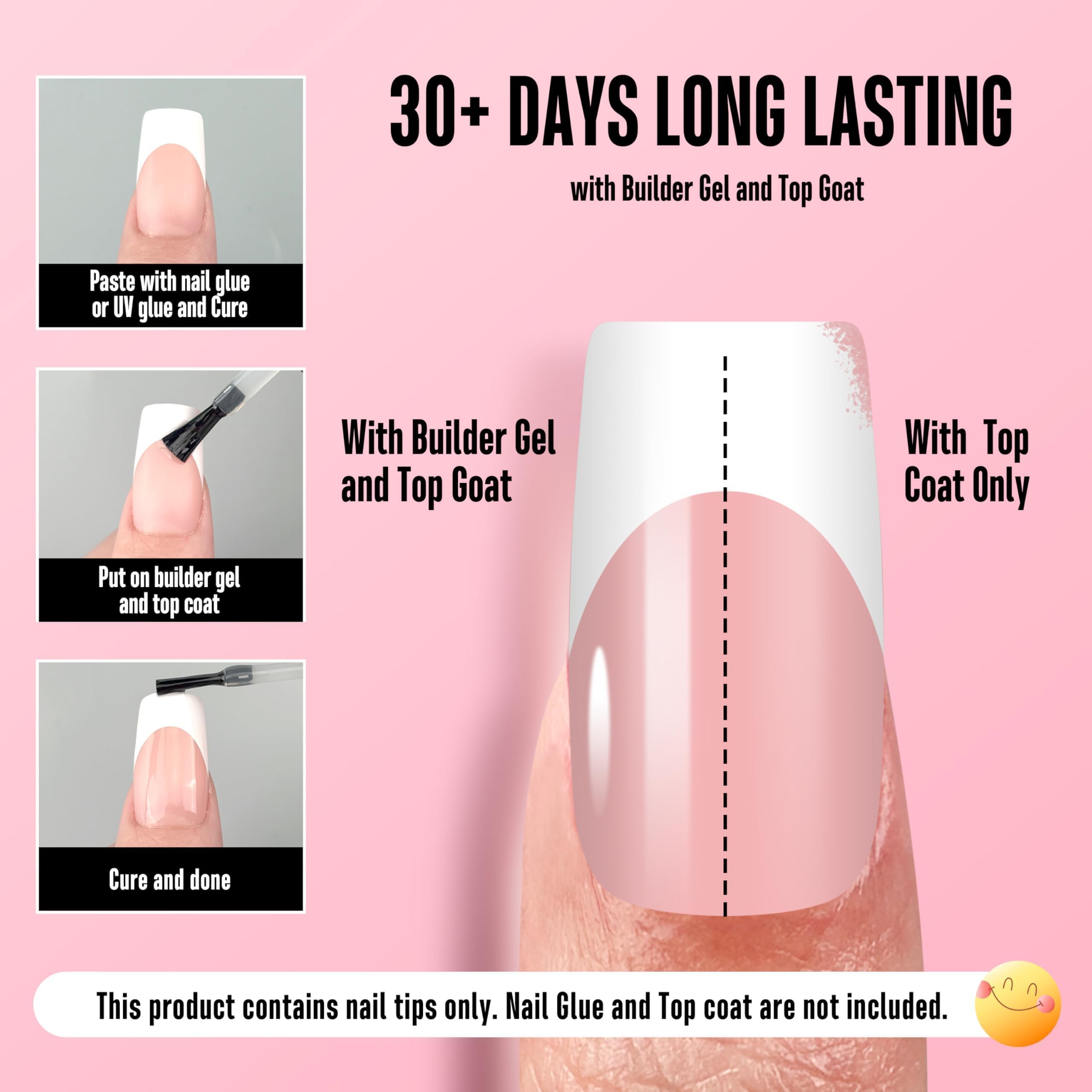 NOVO OVO White French Tip Medium Square Nail Tips – Baby Pink, Extra Thick Soft Gel, No Glue Included, 15 Sizes x 240 pcs