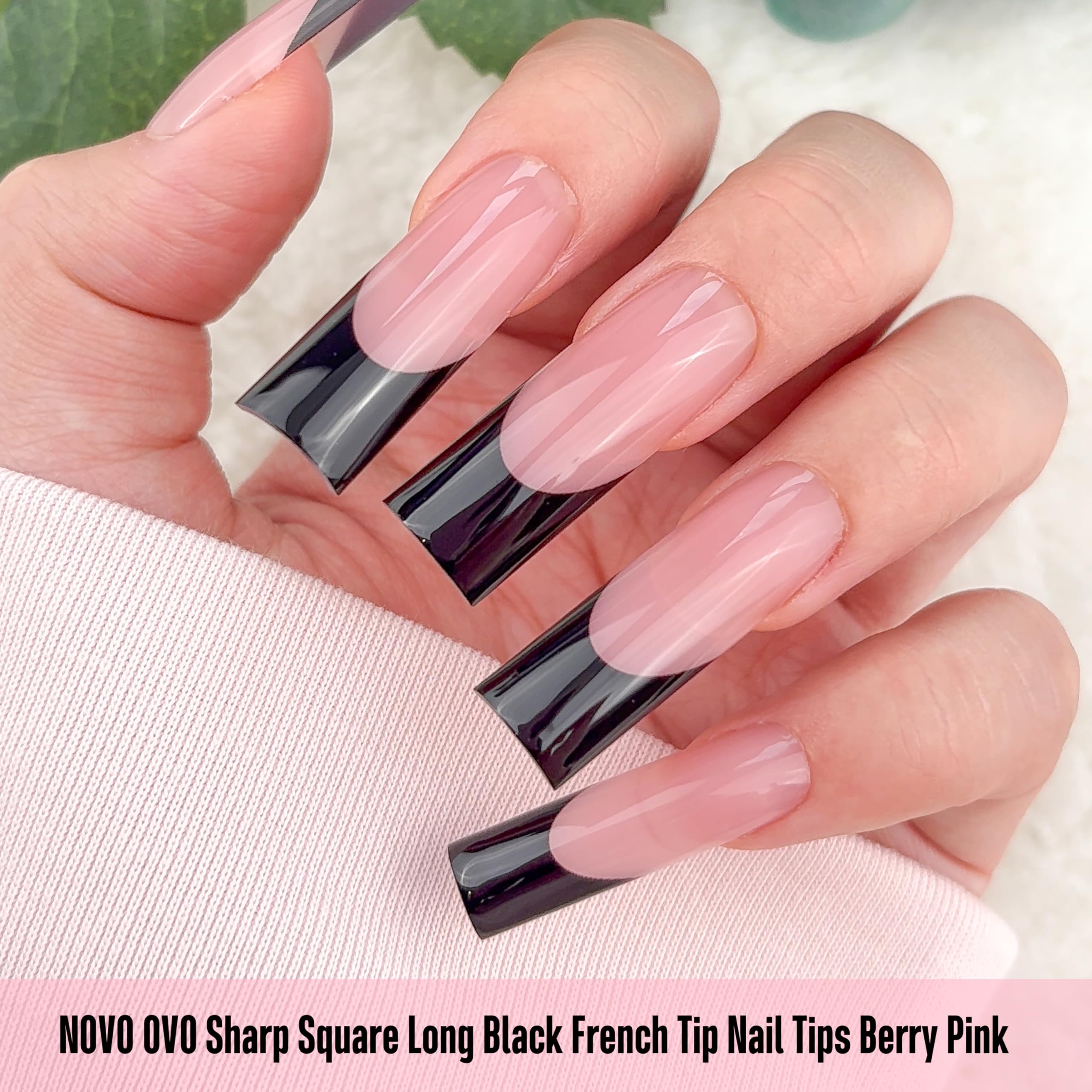 NOVO OVO Long Sharp Square Black French Tip Nail Tips – Berry Pink, 180 pc, 15 Sizes, Builder Gel Ready