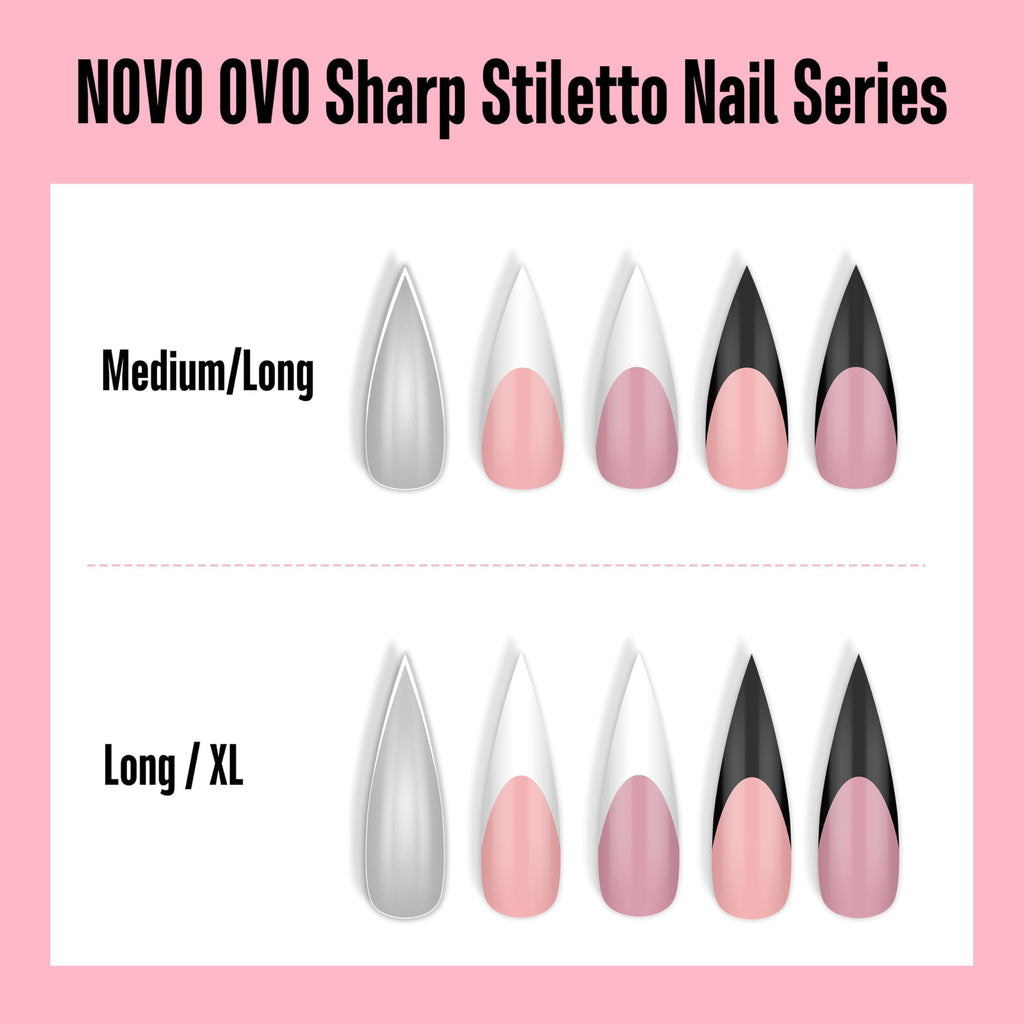 NOVO OVO Sharp Stiletto Nail Tips — Soft Gel, Full-Cover, 224 pcs, 16 Sizes