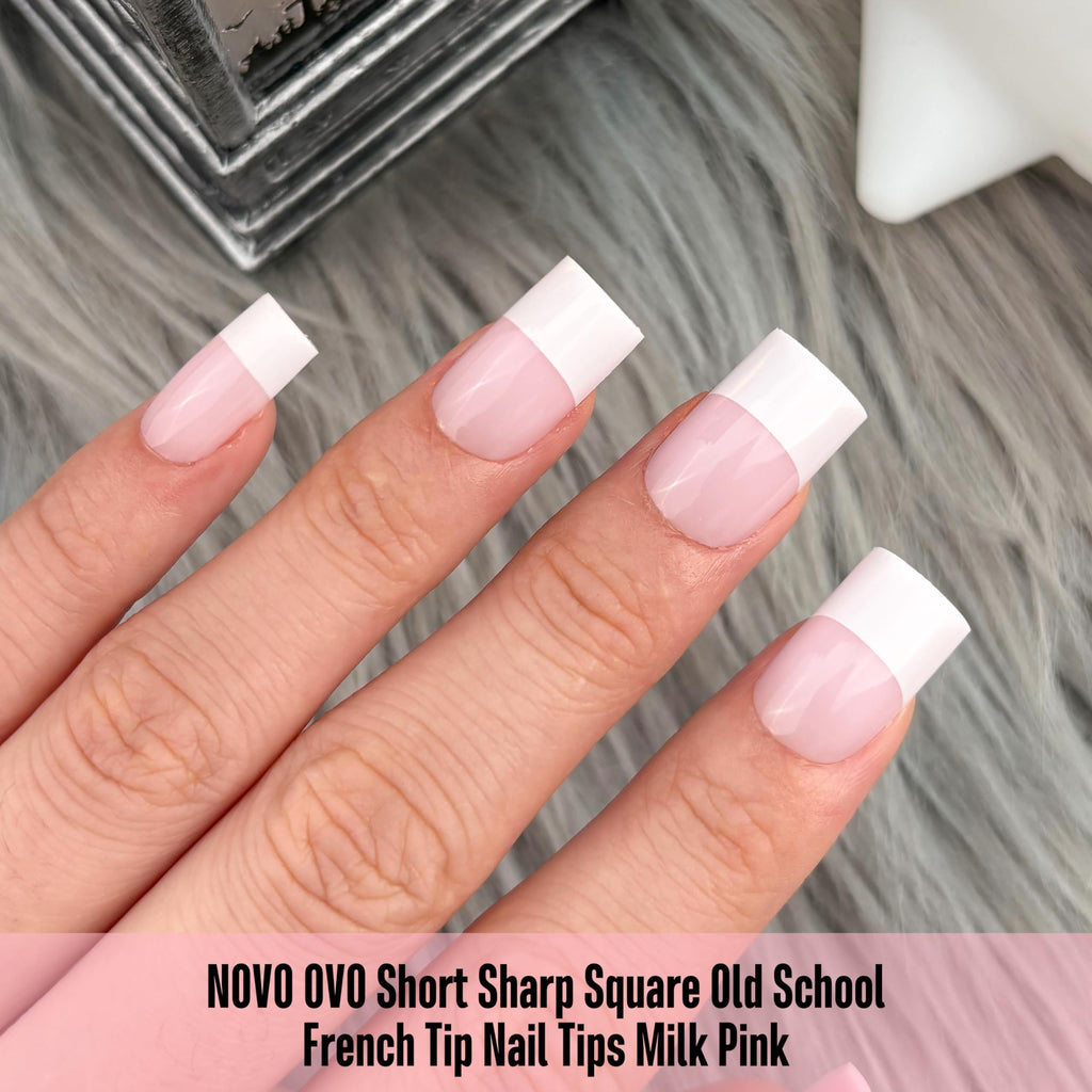 NOVO OVO Old School White French Tip Nails – Milky Pink, 240 pcs, 15 Sizes, Soft Gel Press-On Tips