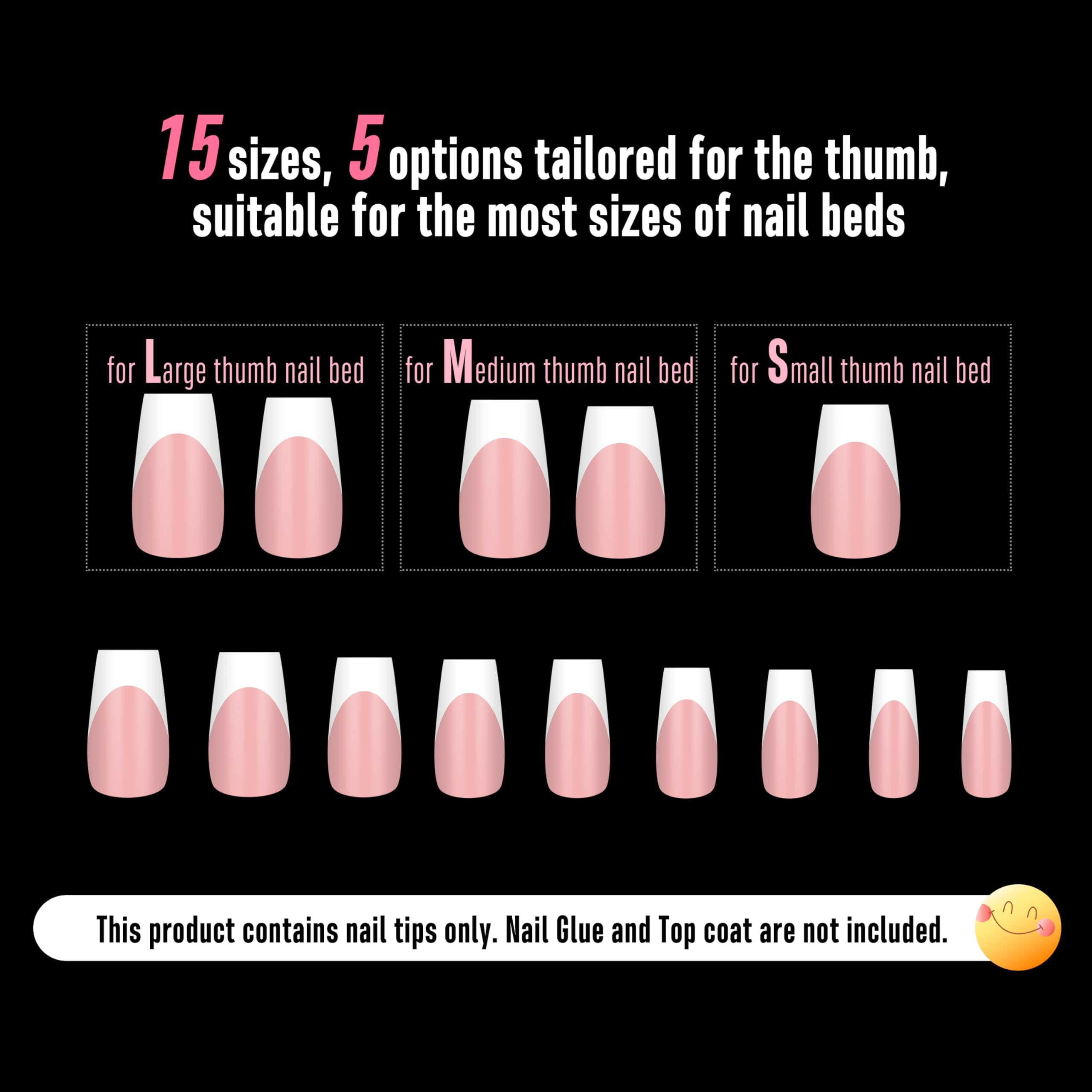 NOVO OVO White French Tip Medium Coffin Nail Tips – Baby Pink, Extra Thick Soft Gel, 240 pcs (15 Sizes)