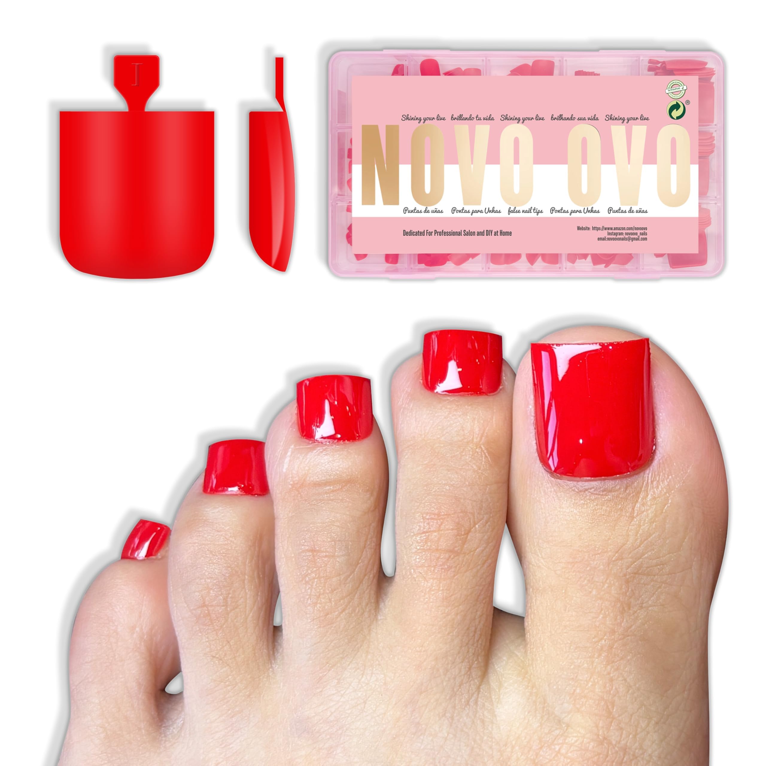 NOVO OVO Red Toe Nail Tips Square - 240Pcs Soft Gel Press On Toenails, 15 Sizes, Wide Fit