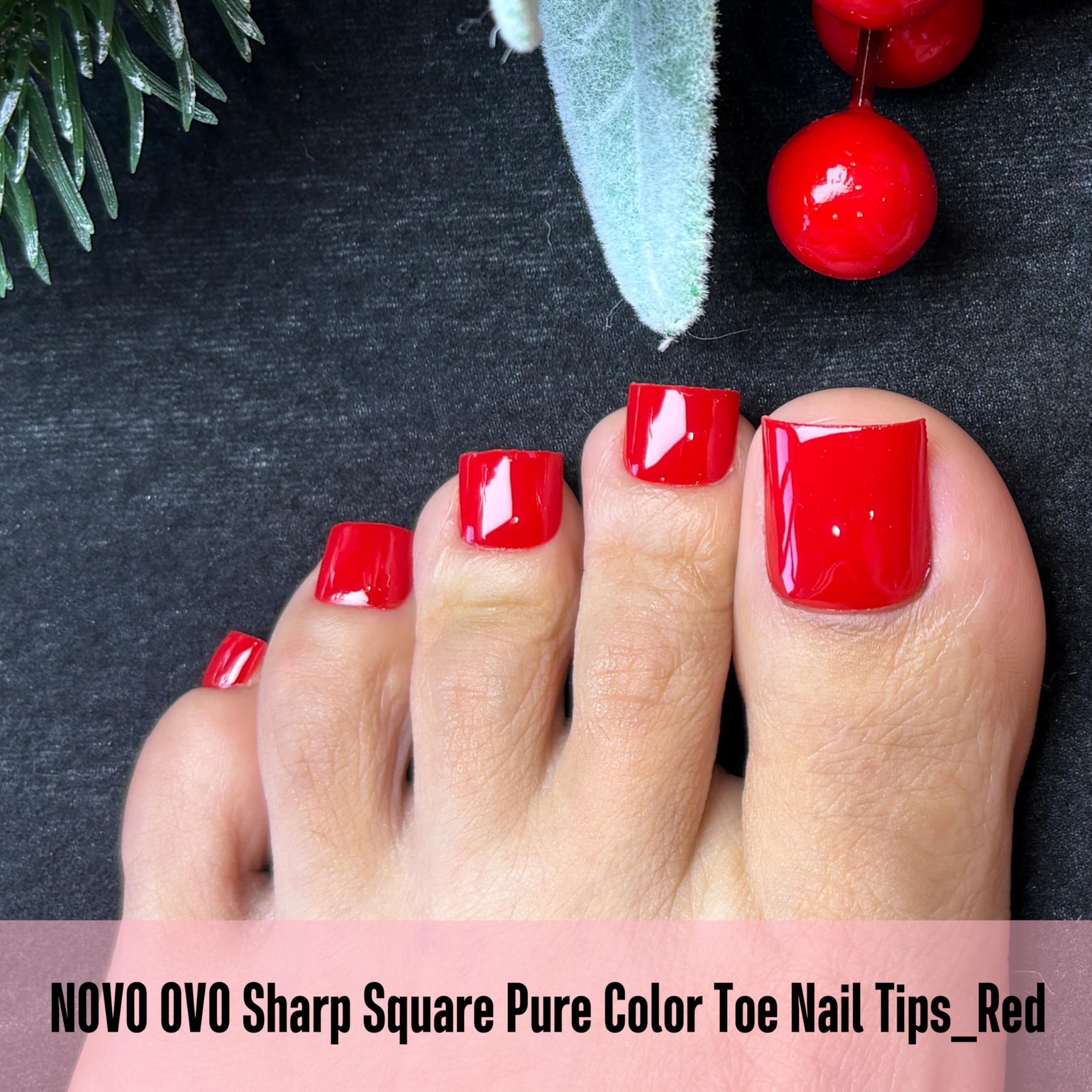 NOVO OVO Red Toe Nail Tips Square - 240Pcs Soft Gel Press On Toenails, 15 Sizes, Wide Fit