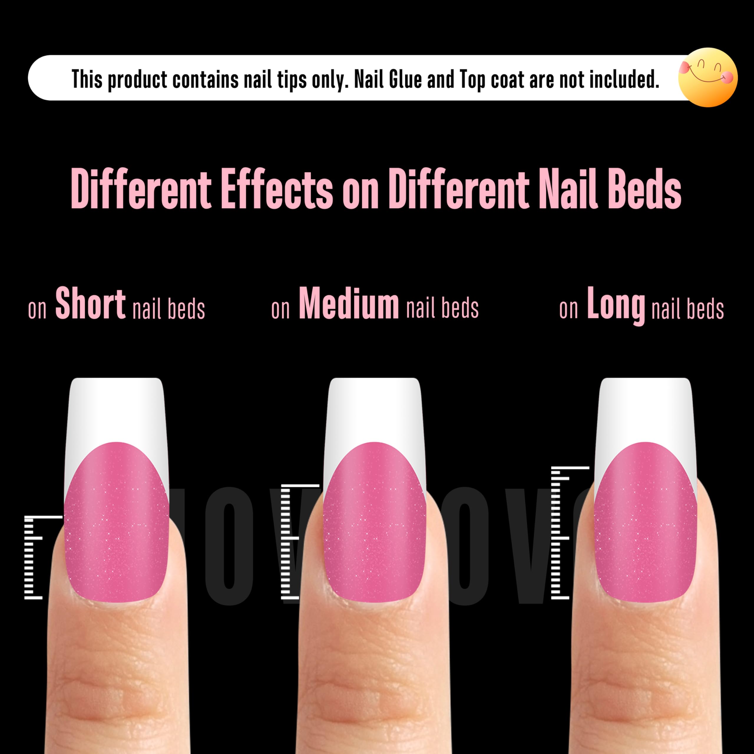 NOVO OVO White French Tip Square Nail Tips – Rose Pink, Extra Thick Soft Gel, 240 pcs (15 Sizes)