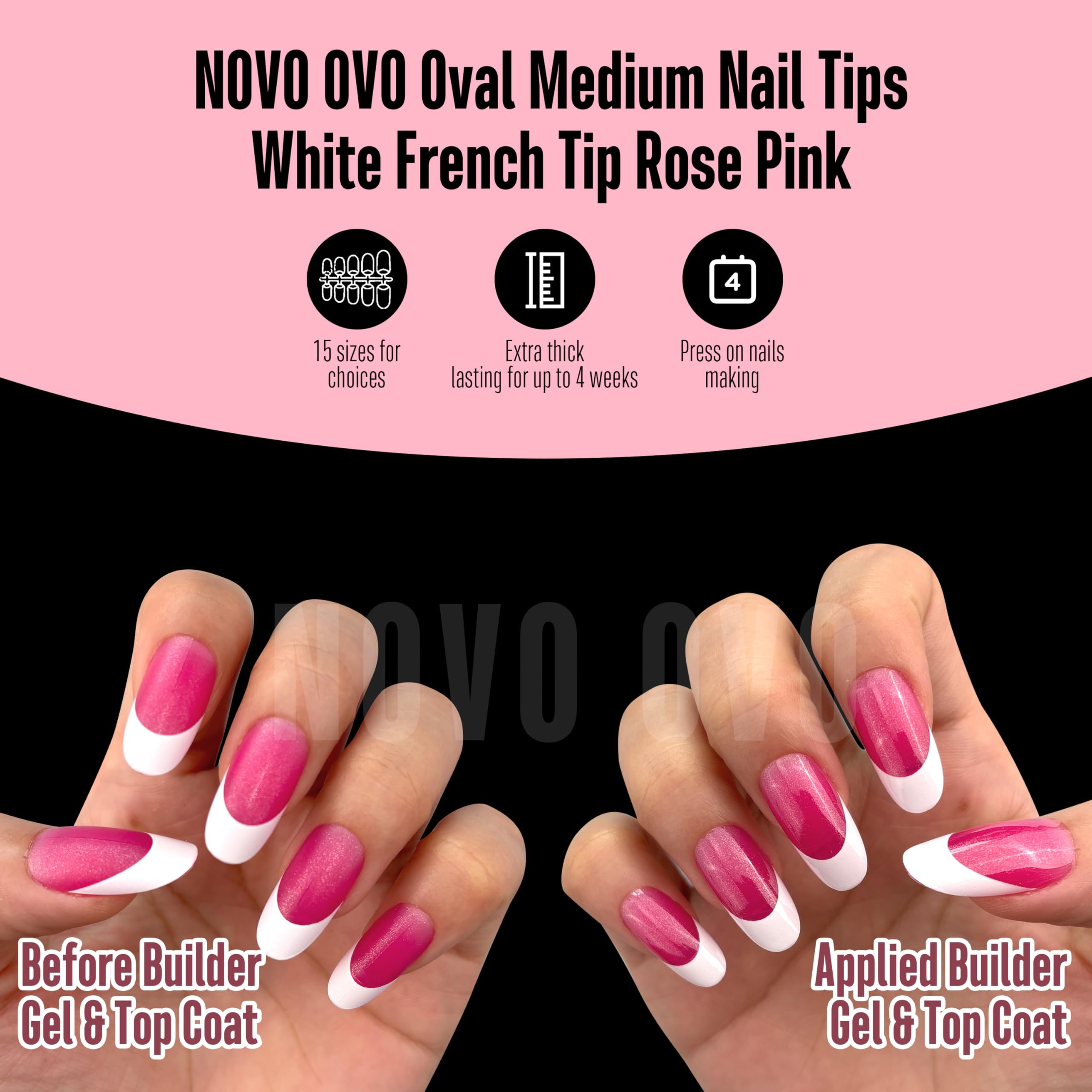 NOVO OVO White French Tip Oval Nail Tips – Rose Pink, Extra Thick Soft Gel, 15 Sizes, 240 pcs (No Glue Included)