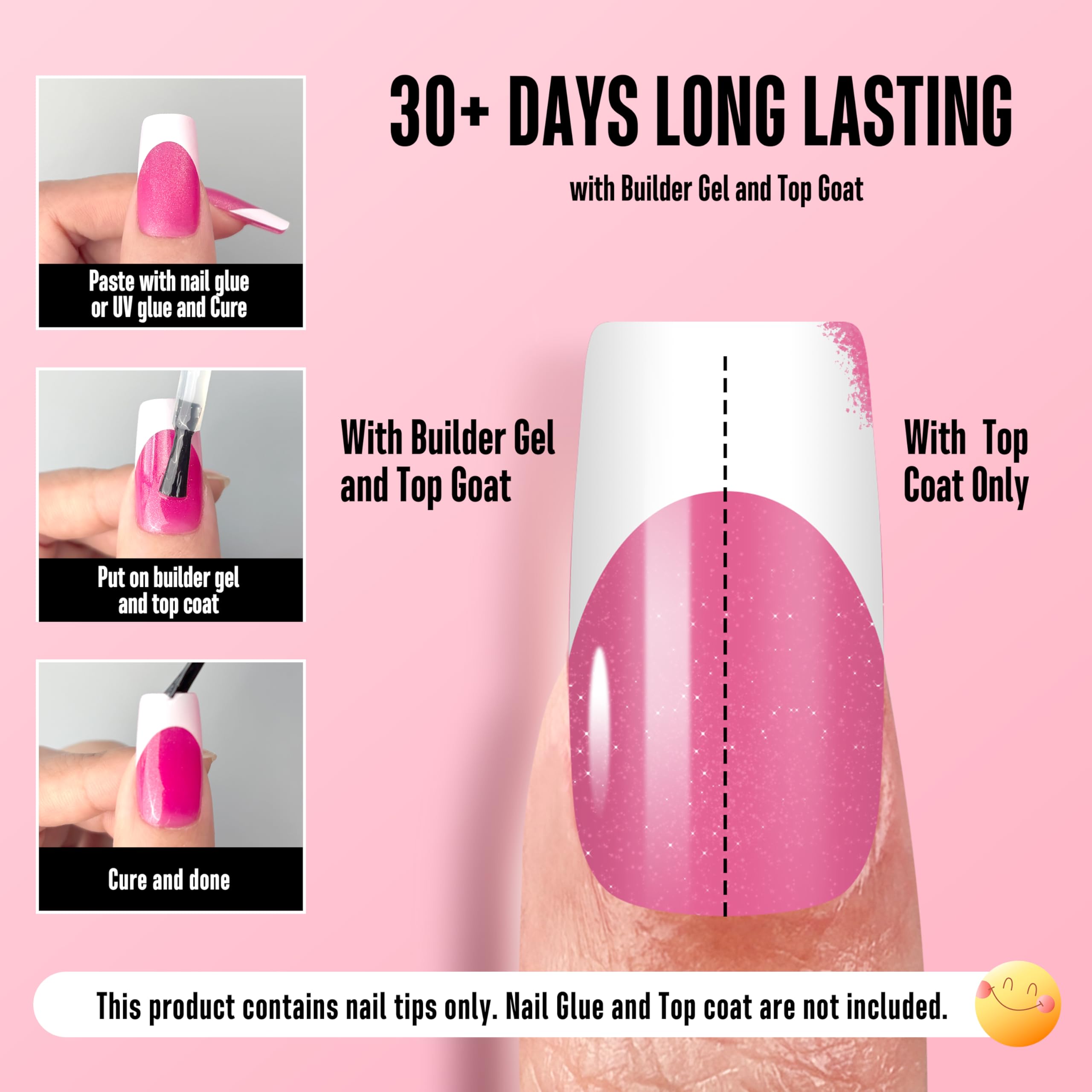 NOVO OVO White French Tip Square Nail Tips – Rose Pink, Extra Thick Soft Gel, 240 pcs (15 Sizes)