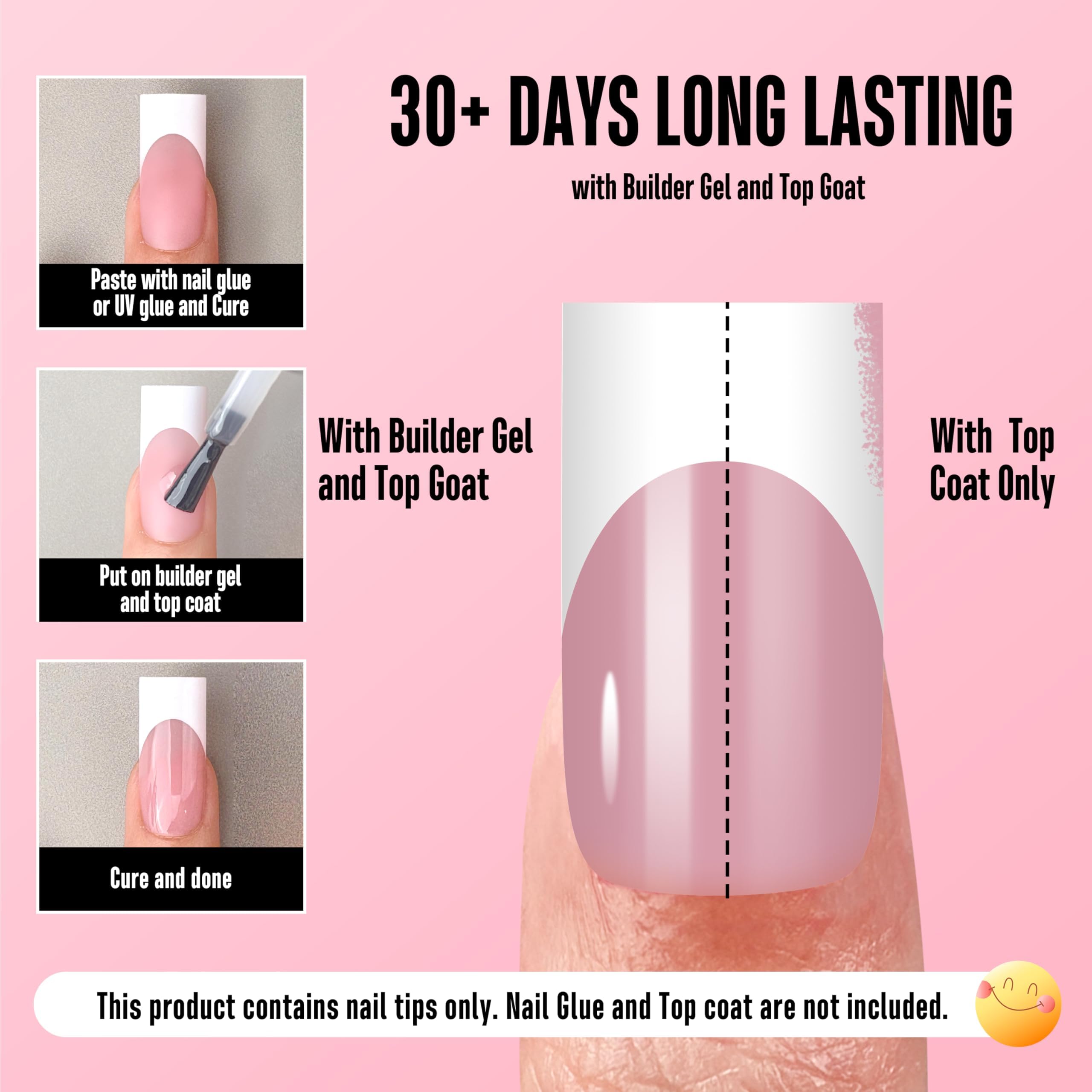 NOVO OVO Berry Pink French Tip Nails | Medium Sharp Square Press-On (180 pc) with Builder Gel & Top Coat