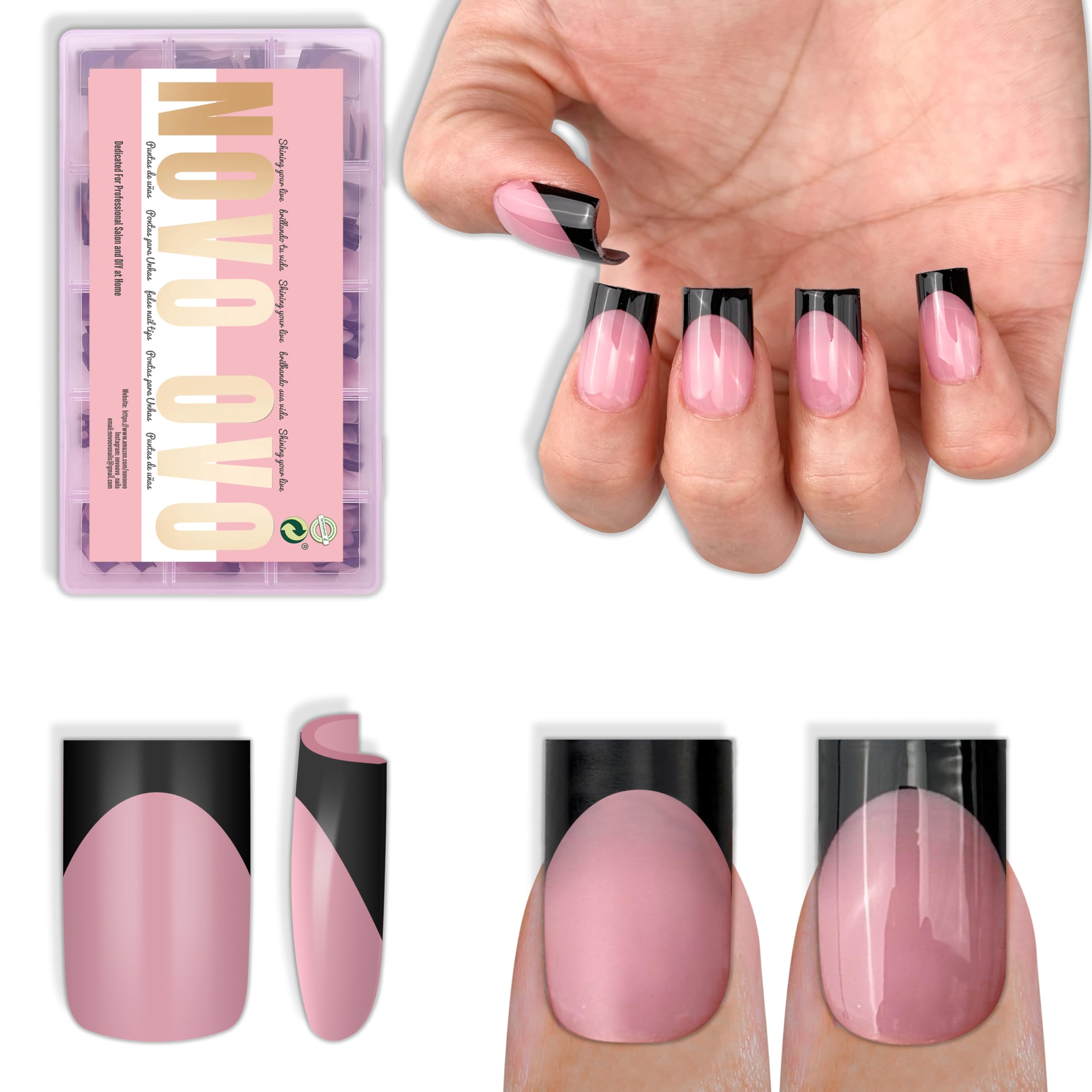 NOVO OVO Short Sharp Square Nail Tips Berry Pink – 240 pcs, 15 Sizes, Soft Gel Full Cover with Builder Gel & Top Coat