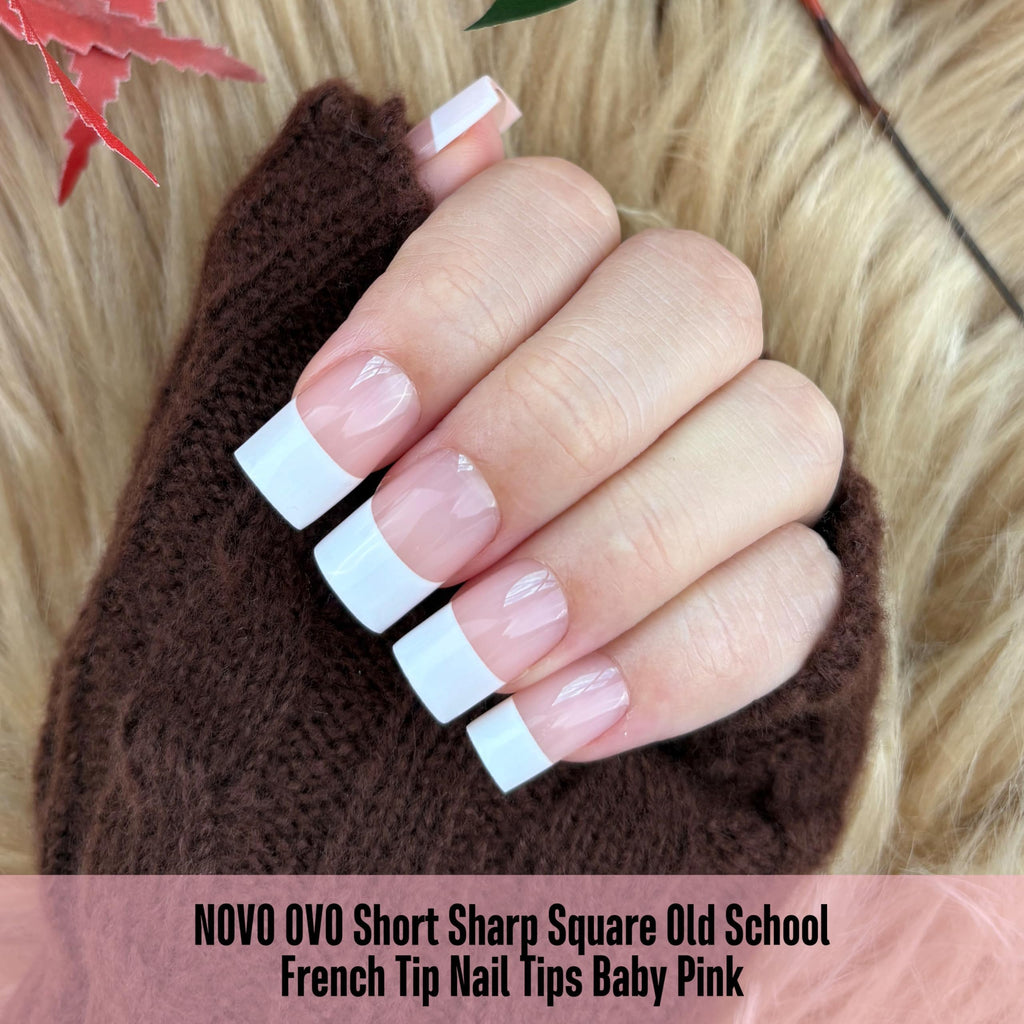 NOVO OVO Old School White French Tip Nail Tips – Baby Pink, 240 pcs, 15 Sizes