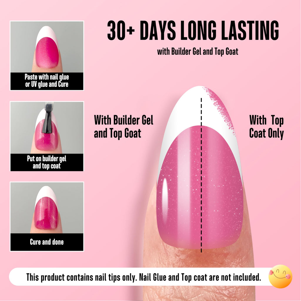 NOVO OVO White French Tip Almond Nail Tips – Rose Pink, Extra Thick Soft Gel Press-On (240 pcs)