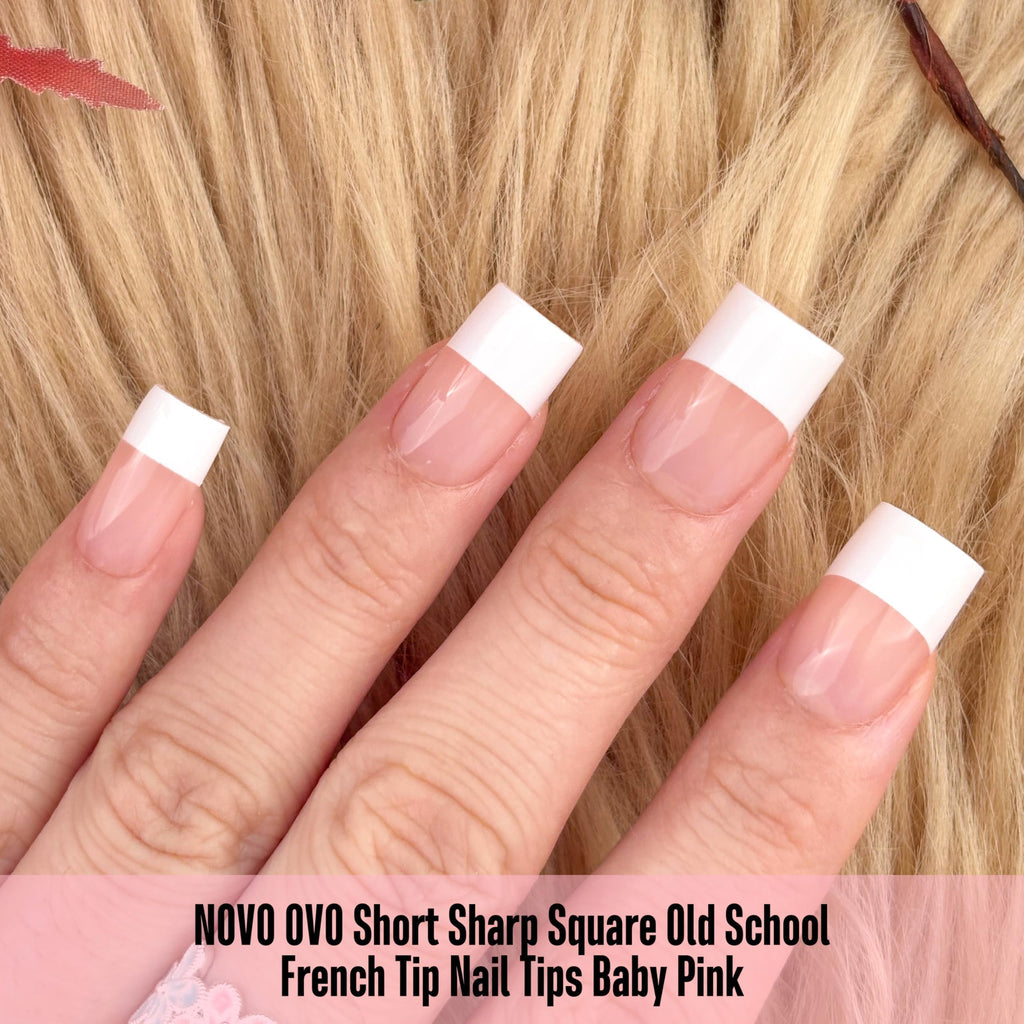 NOVO OVO Old School White French Tip Nail Tips – Baby Pink, 240 pcs, 15 Sizes
