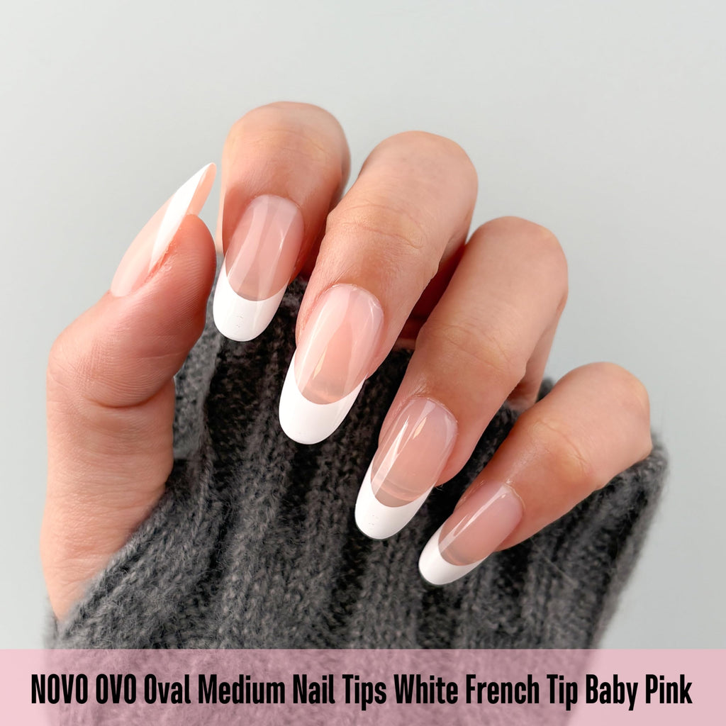 NOVO OVO White French Tip Oval Nail Tips – Baby Pink Press-On, Extra Thick Soft Gel, 240 pcs, 15 Sizes