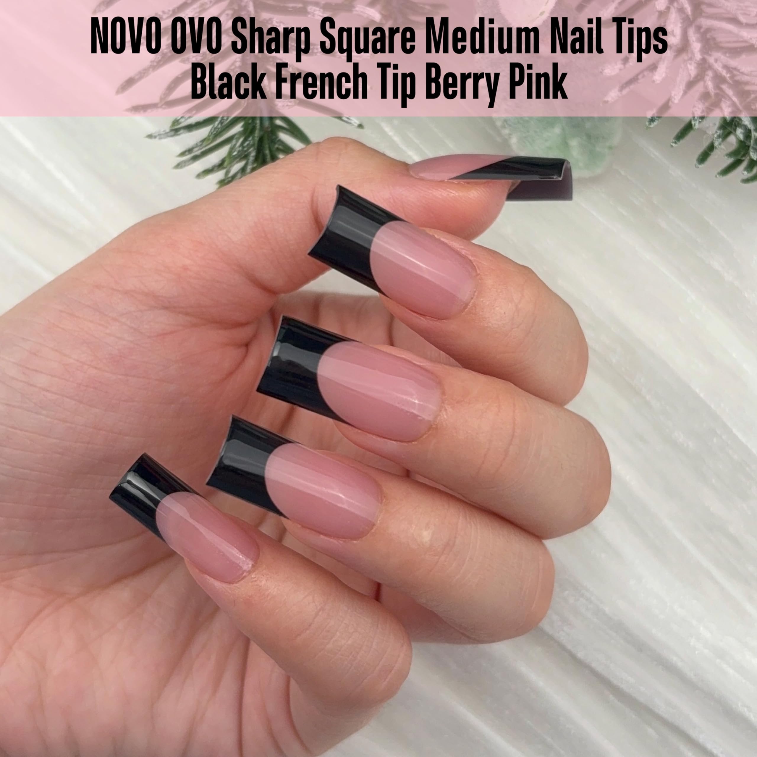 NOVO OVO Berry Pink Nail Tips – Medium Sharp Square Black French Tip, 180pc, 15 Sizes