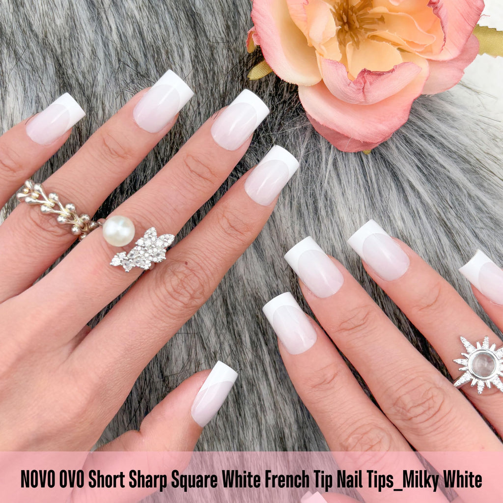 NOVO OVO Milky White Short Sharp Square French Tip Nails – Press-On Soft Gel Tips, 15 Sizes, 240 pcs