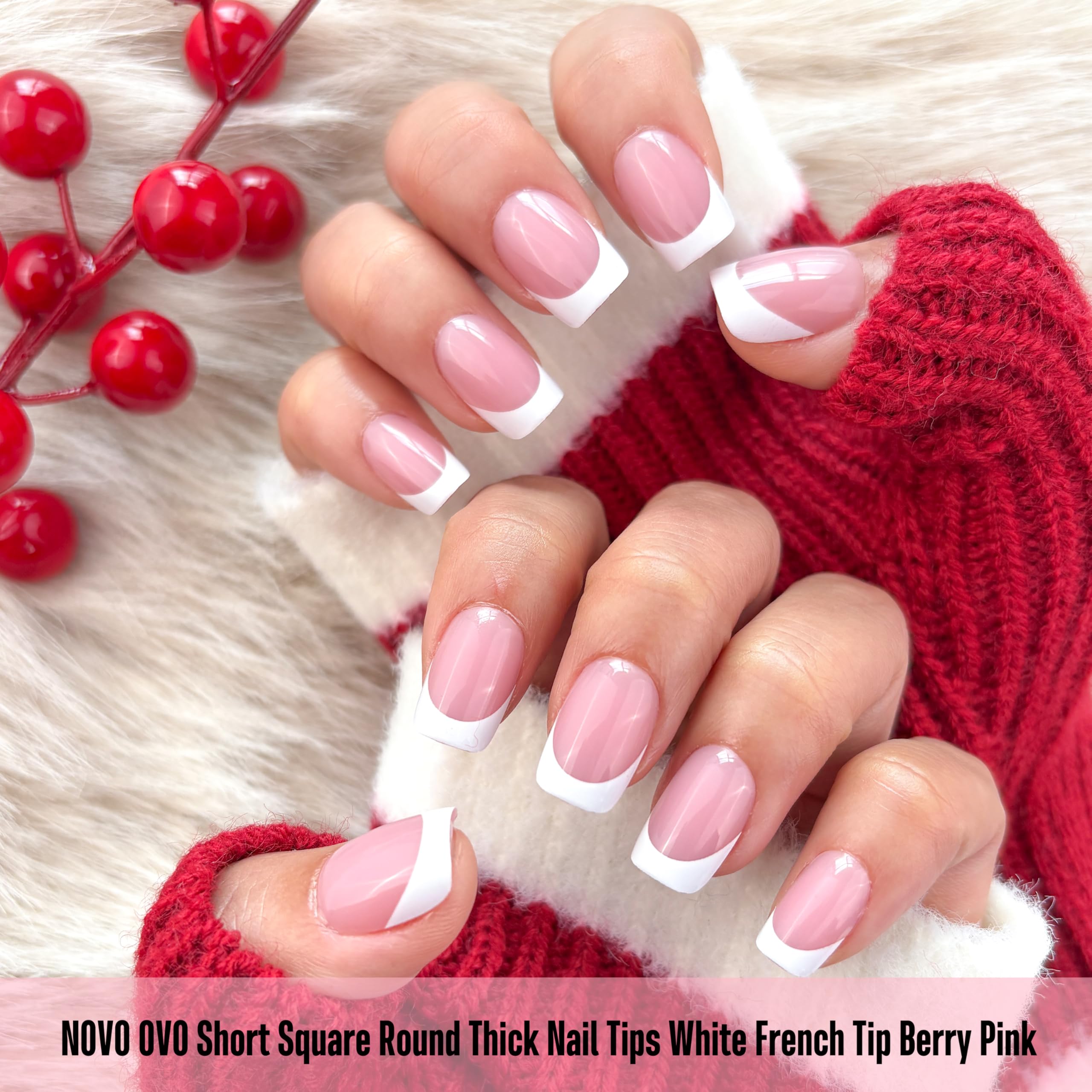 NOVO OVO Berry Pink Short Square Round French Tip Nails – 240 Pcs, 15 Sizes
