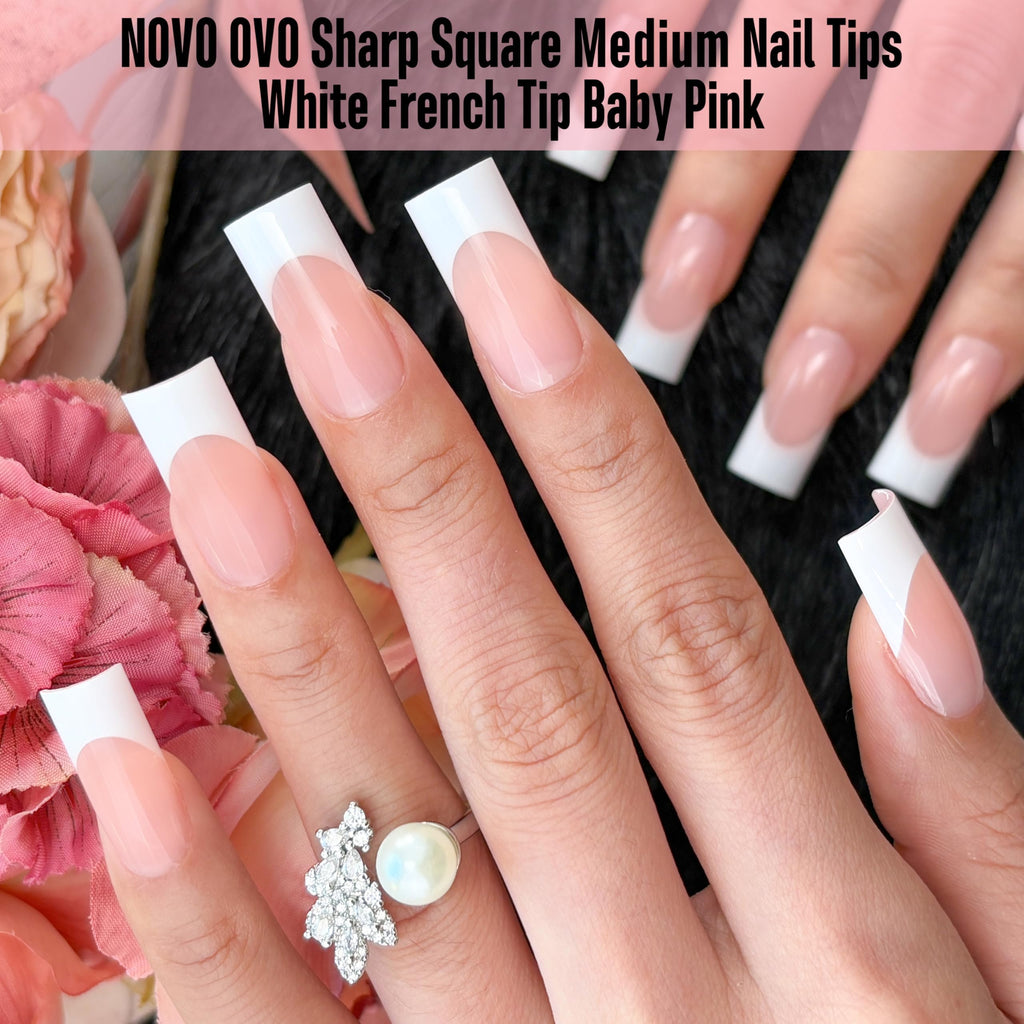 NOVO OVO Medium Sharp Square White French Tip Nail Tips – Baby Pink, Extra Thick Builder Gel & Top Coat, 180 pc
