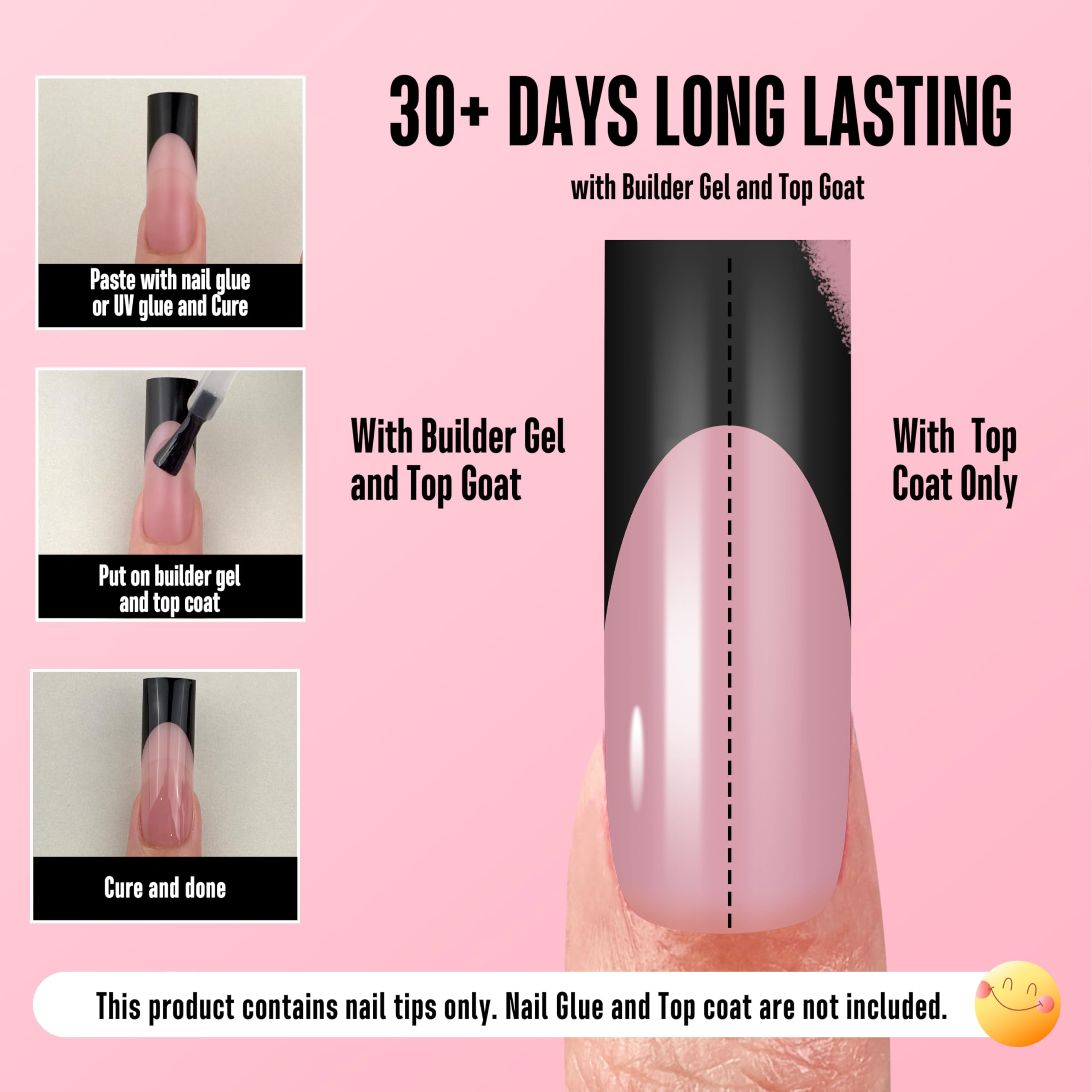 NOVO OVO Long Sharp Square Black French Tip Nail Tips – Berry Pink, 180 pc, 15 Sizes, Builder Gel Ready