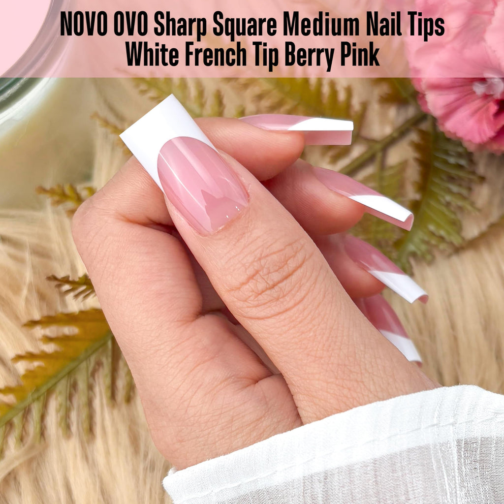 NOVO OVO Berry Pink French Tip Nails | Medium Sharp Square Press-On (180 pc) with Builder Gel & Top Coat