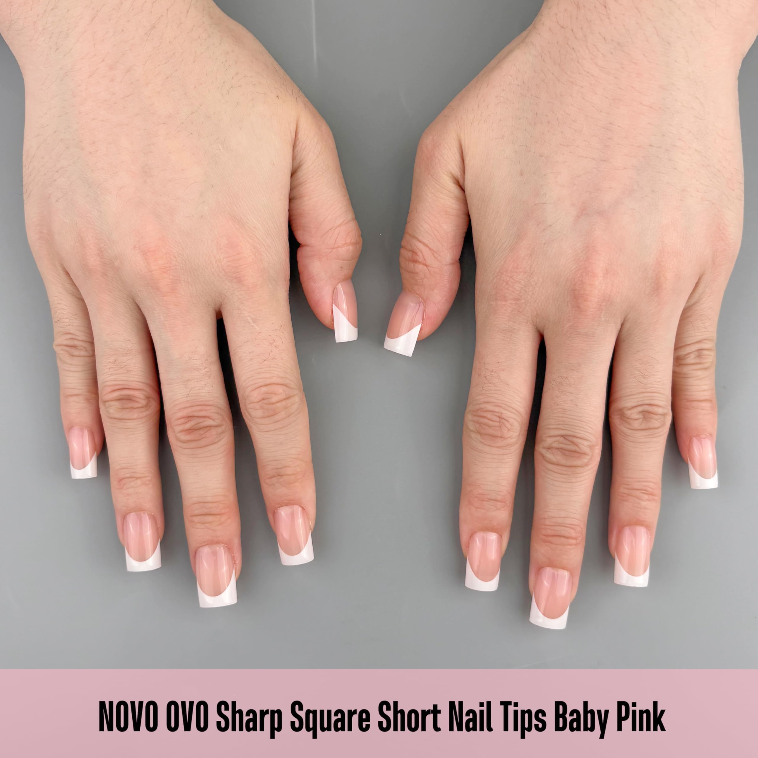 NOVO OVO Short Sharp Square White French Tip Nail Tips – Baby Pink Press-On, 240 pcs, 15 Sizes