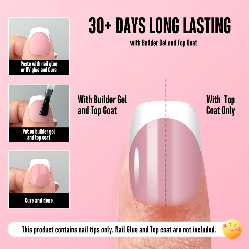 NOVO OVO Berry Pink Short Square Round French Tip Nails – 240 Pcs, 15 Sizes