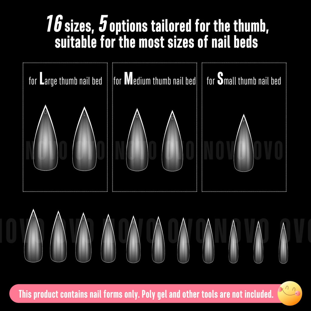 NOVO OVO Sharp Stiletto Nail Tips — Soft Gel, Full-Cover, 224 pcs, 16 Sizes