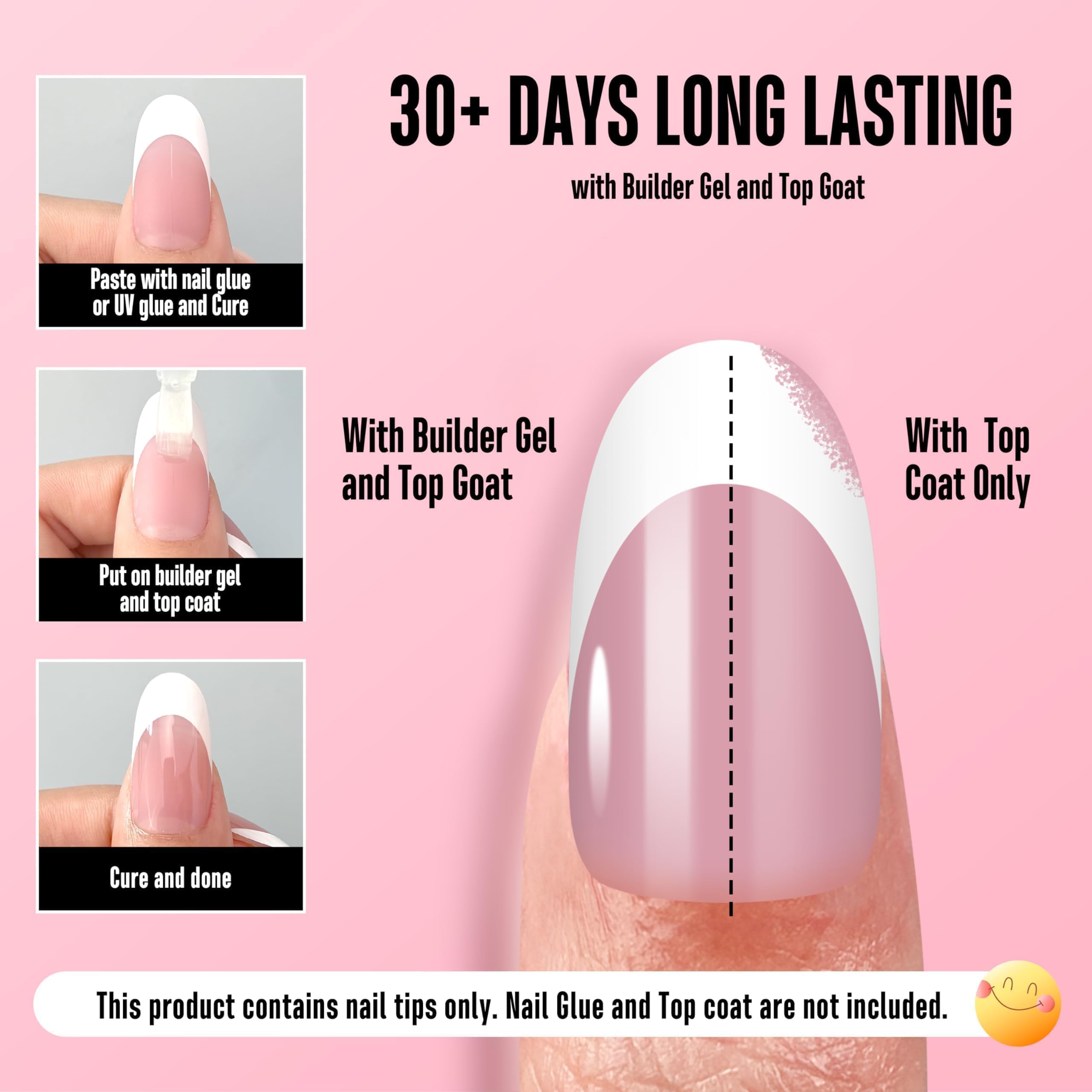 NOVO OVO White French Tip Oval Nails Berry Pink – Extra Thick Soft Gel Press-On, No Glue, 240 pcs, 15 sizes