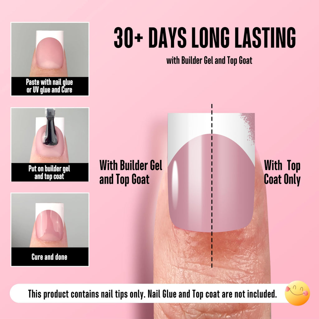 NOVO OVO Short Sharp Square White French Tip Nail Tips Berry Pink – 240 pcs, 15 Sizes