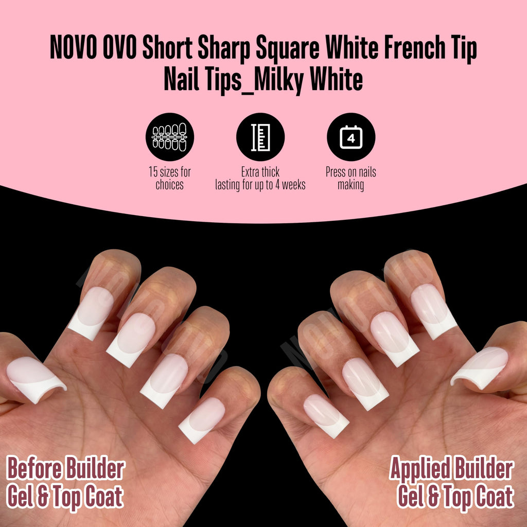 NOVO OVO Milky White Short Sharp Square French Tip Nails – Press-On Soft Gel Tips, 15 Sizes, 240 pcs