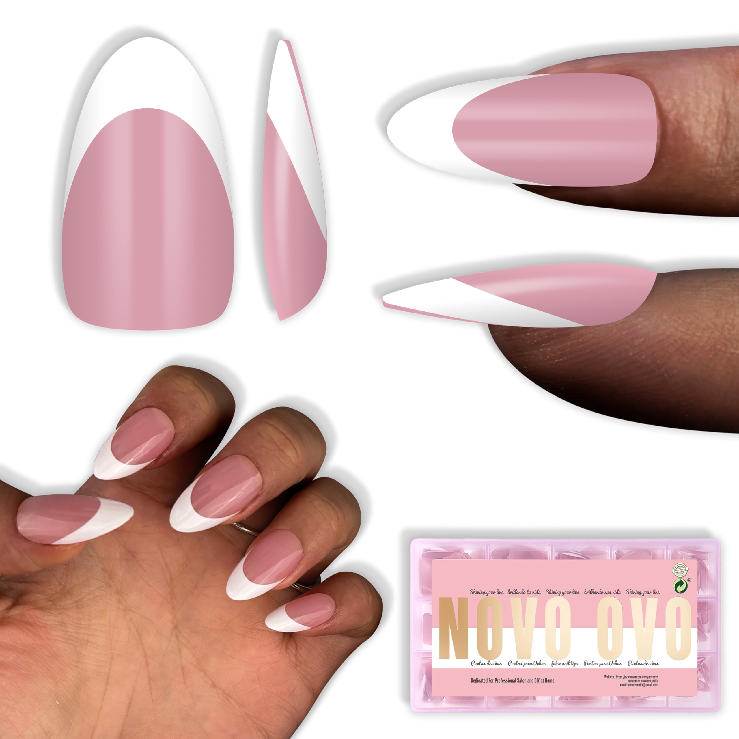 NOVO OVO White French Tip Almond Nail Tips Berry Pink – 240 pcs, 15 Sizes