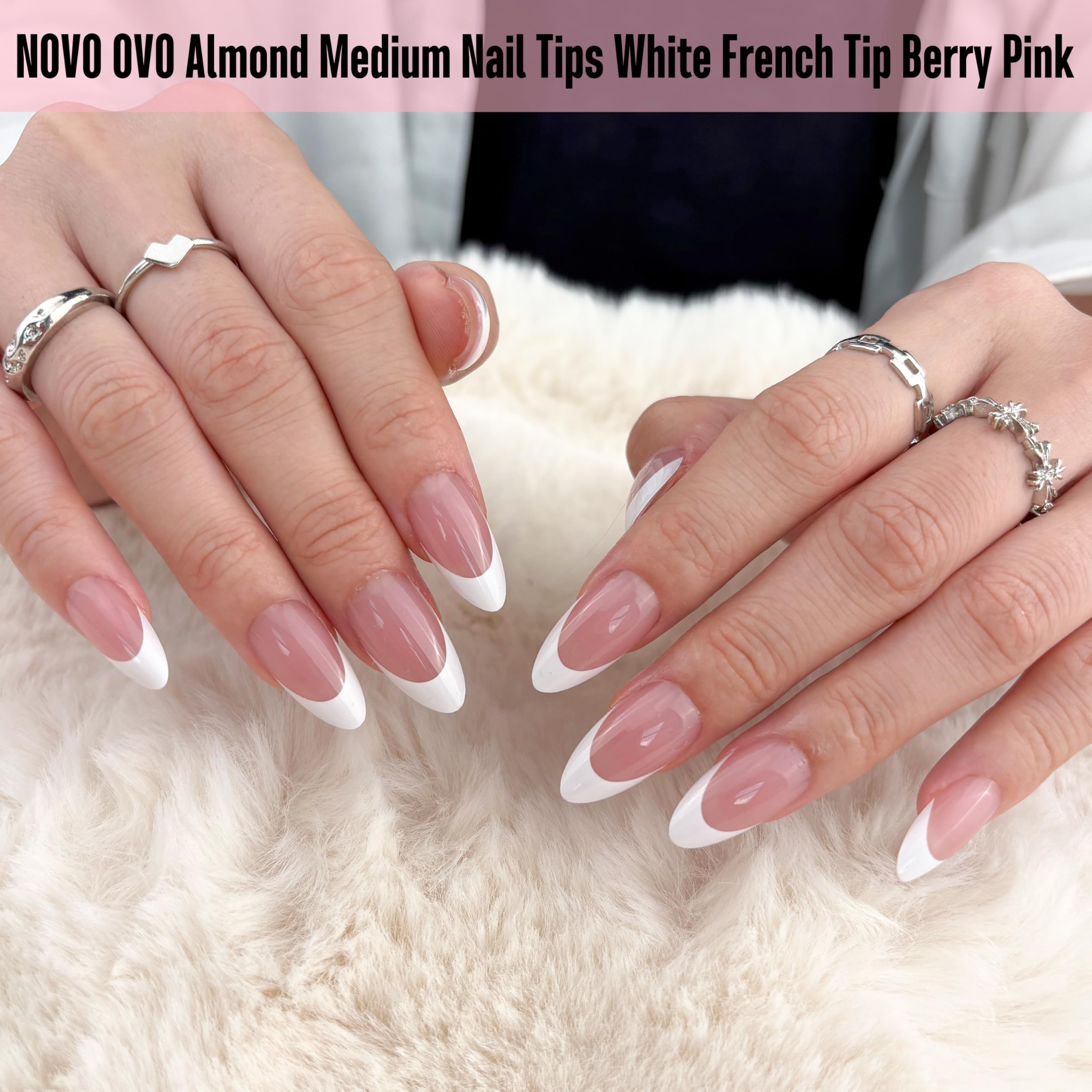 NOVO OVO White French Tip Almond Nail Tips Berry Pink – 240 pcs, 15 Sizes