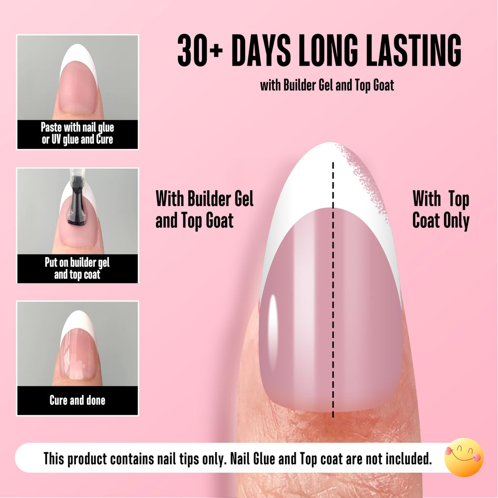 NOVO OVO White French Tip Almond Nail Tips Berry Pink – 240 pcs, 15 Sizes