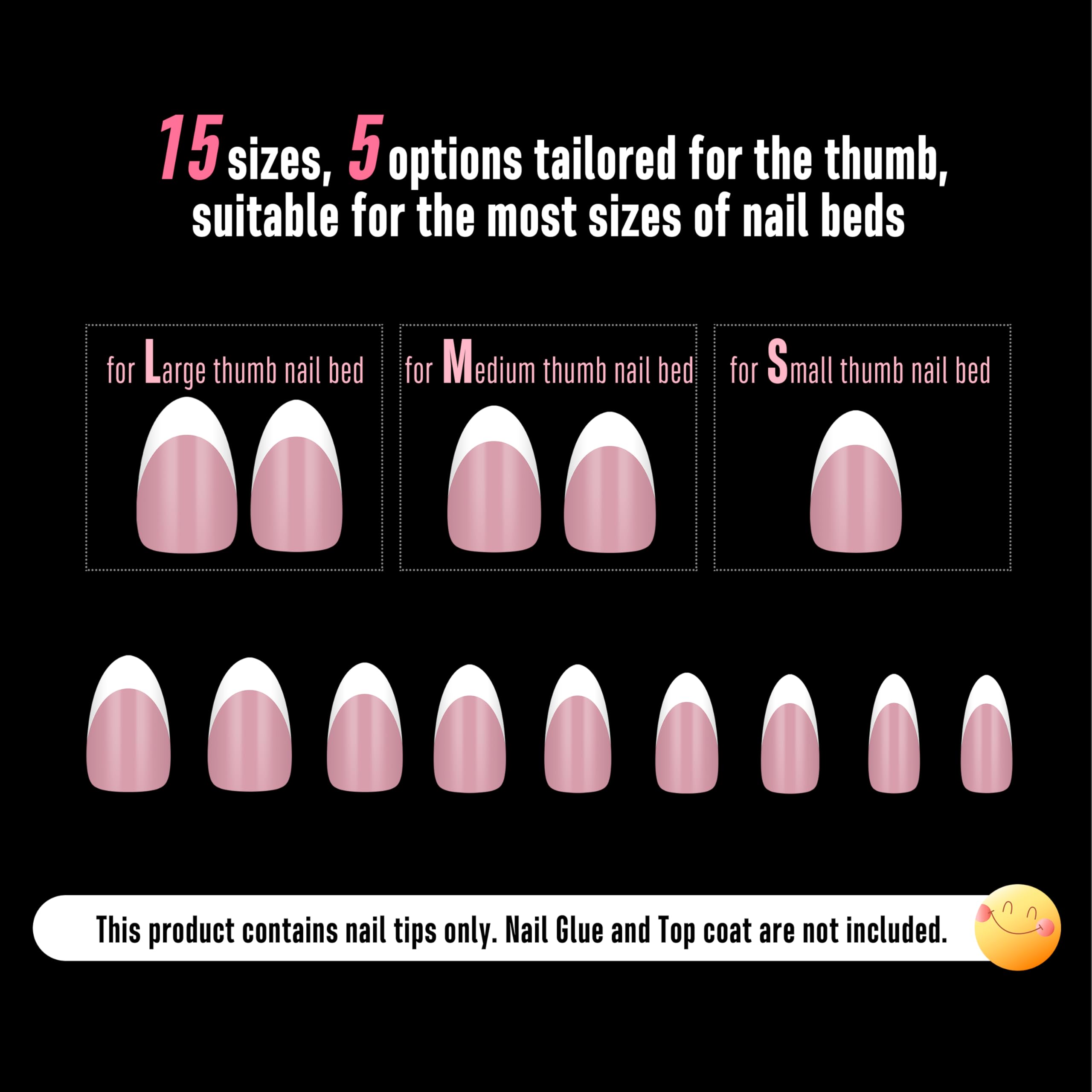 NOVO OVO White French Tip Almond Nail Tips Berry Pink – 240 pcs, 15 Sizes