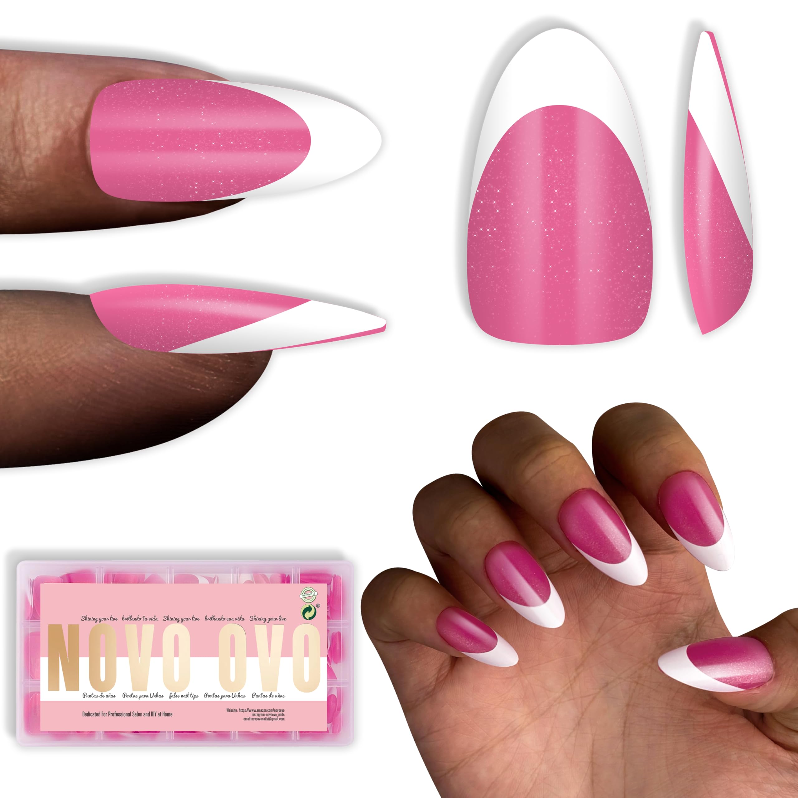 NOVO OVO White French Tip Almond Nail Tips – Rose Pink, Extra Thick Soft Gel Press-On (240 pcs)