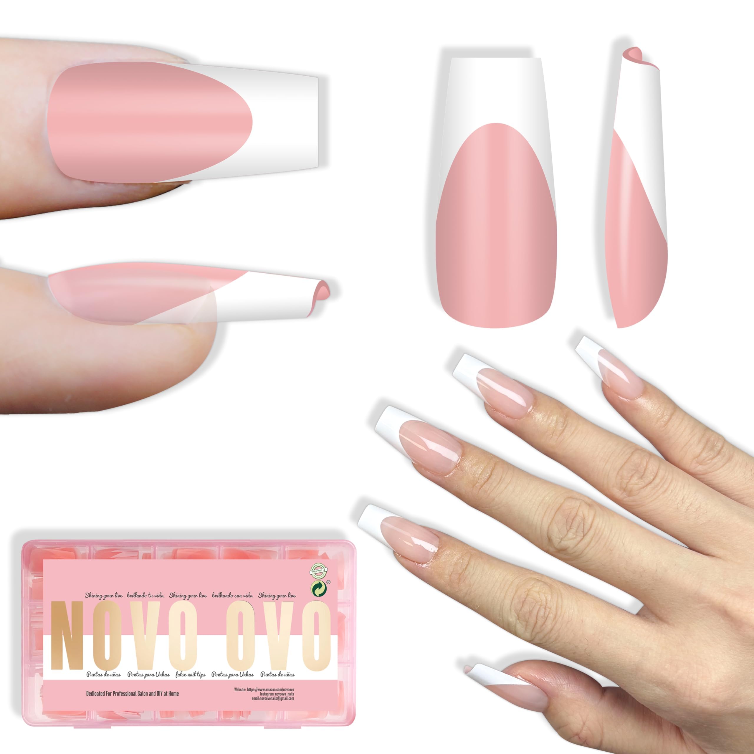 NOVO OVO White French Tip Medium Coffin Nail Tips – Baby Pink, Extra Thick Soft Gel, 240 pcs (15 Sizes)