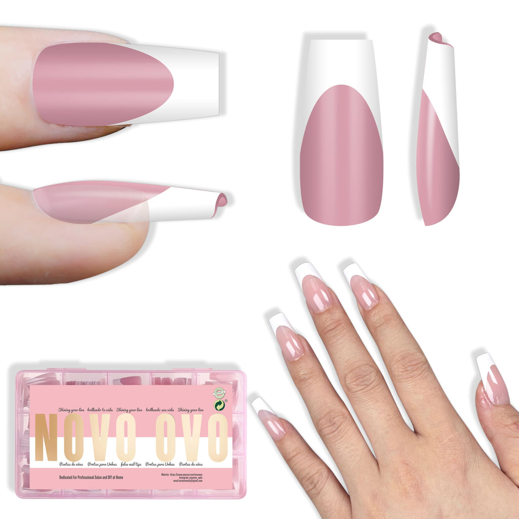NOVO OVO White French Tip Coffin Nail Tips – Berry Pink, Extra Thick Soft Gel, 240 pcs, 15 Sizes (No Glue Included)