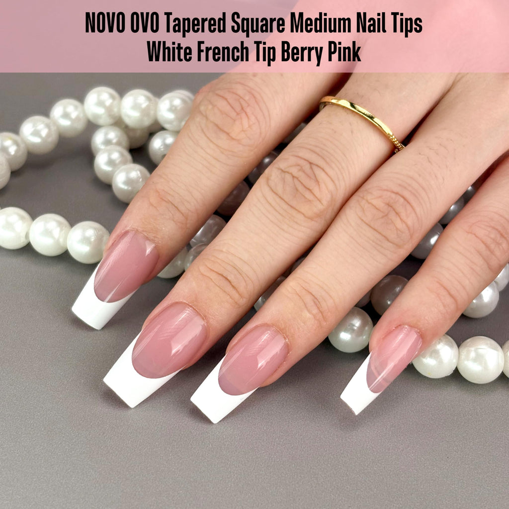 NOVO OVO White French Tip Coffin Nail Tips – Berry Pink, Extra Thick Soft Gel, 240 pcs, 15 Sizes (No Glue Included)