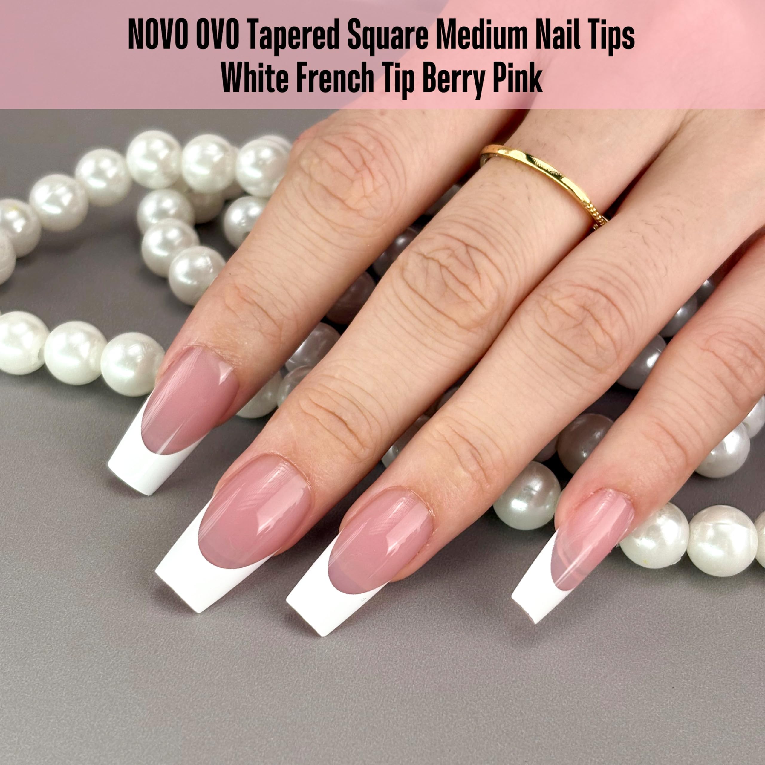 NOVO OVO White French Tip Coffin Nail Tips – Berry Pink, Extra Thick Soft Gel, 240 pcs, 15 Sizes (No Glue Included)