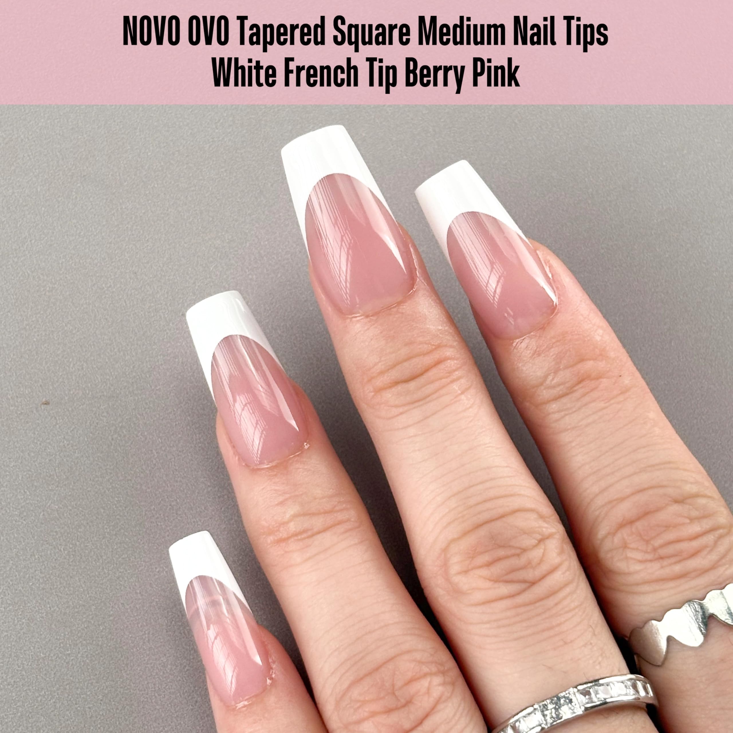 NOVO OVO White French Tip Coffin Nail Tips – Berry Pink, Extra Thick Soft Gel, 240 pcs, 15 Sizes (No Glue Included)