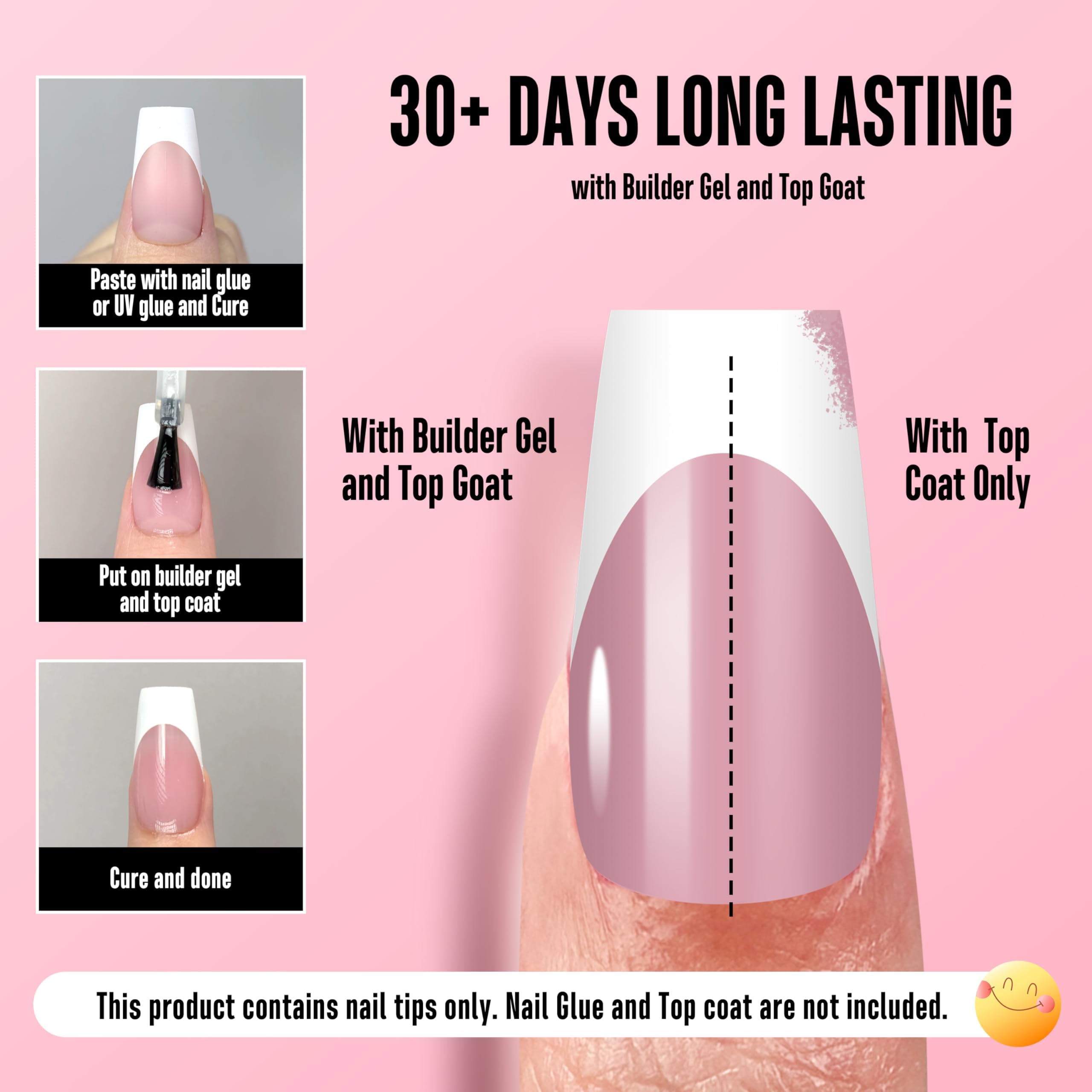 NOVO OVO White French Tip Coffin Nail Tips – Berry Pink, Extra Thick Soft Gel, 240 pcs, 15 Sizes (No Glue Included)