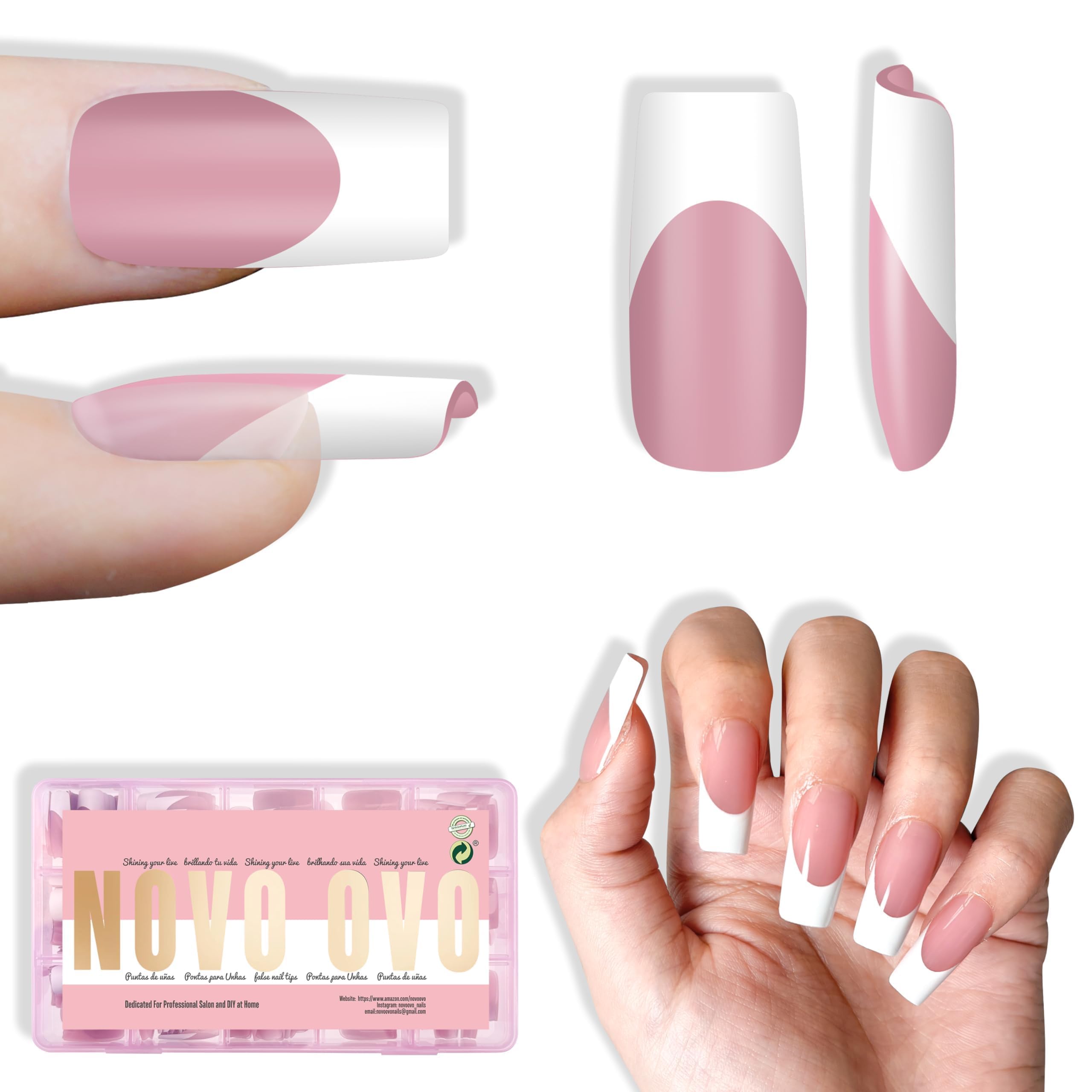 NOVO OVO White French Tip Nails – Berry Pink, Extra Thick Soft Gel, 240 pcs (15 Sizes)
