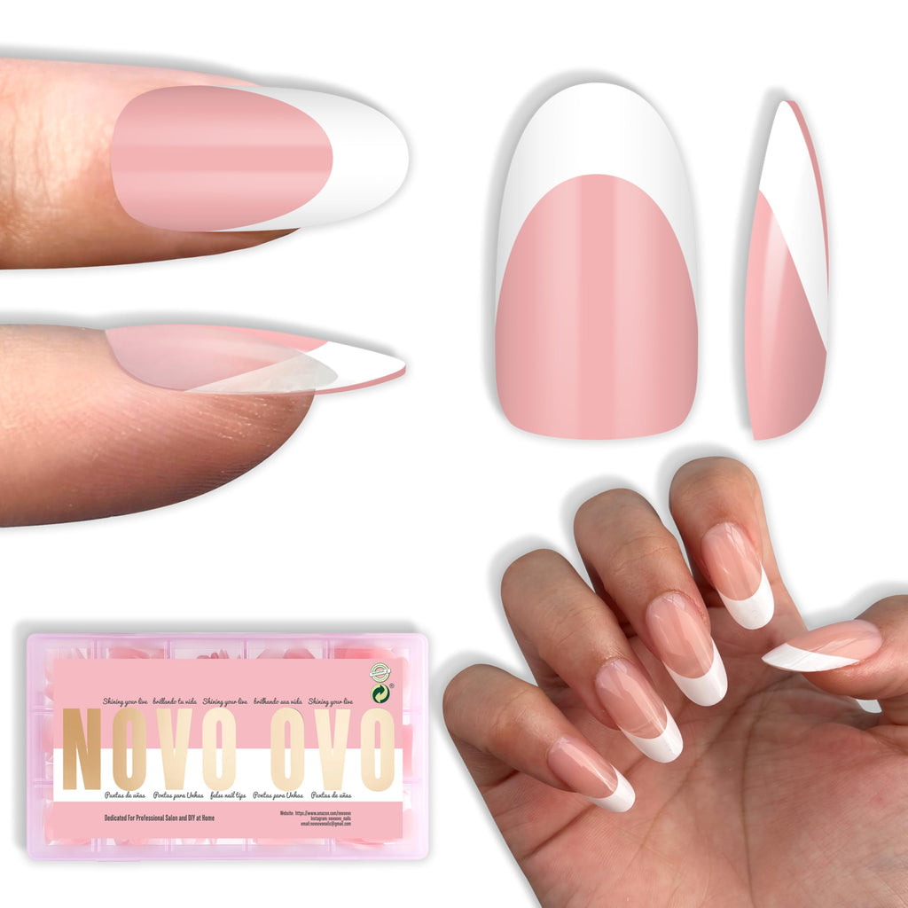 NOVO OVO White French Tip Oval Nail Tips – Baby Pink Press-On, Extra Thick Soft Gel, 240 pcs, 15 Sizes