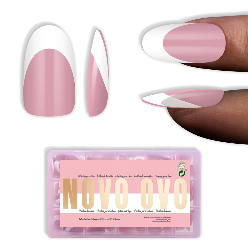 NOVO OVO White French Tip Oval Nails Berry Pink – Extra Thick Soft Gel Press-On, No Glue, 240 pcs, 15 sizes