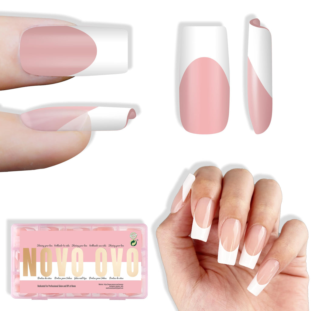 NOVO OVO White French Tip Medium Square Nail Tips – Baby Pink, Extra Thick Soft Gel, No Glue Included, 15 Sizes x 240 pcs