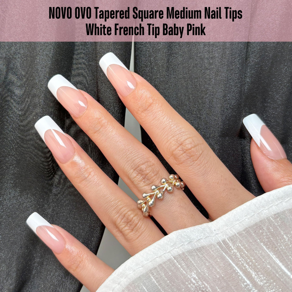 NOVO OVO White French Tip Medium Square Nail Tips – Baby Pink, Extra Thick Soft Gel, No Glue Included, 15 Sizes x 240 pcs