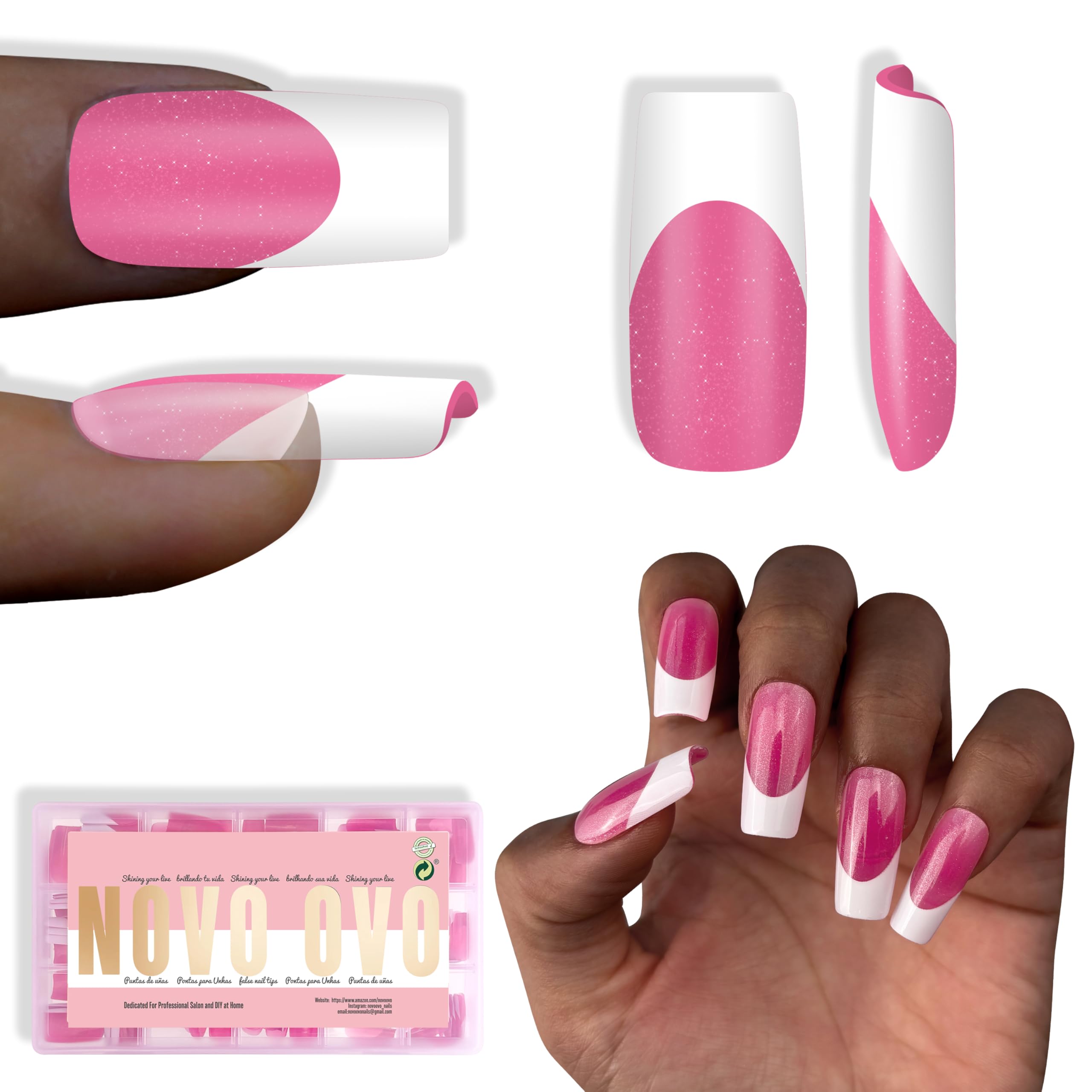 NOVO OVO White French Tip Square Nail Tips – Rose Pink, Extra Thick Soft Gel, 240 pcs (15 Sizes)
