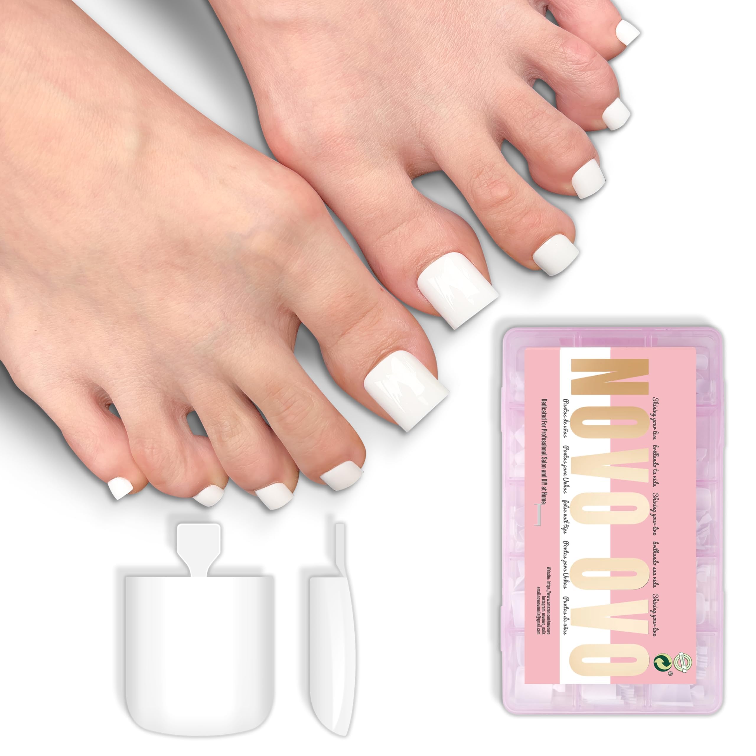 NOVO OVO White Square Toe Nail Tips – 240Pcs Soft Gel Press-On Toenails, Milky White Full Cover Pedicure Kit (15 Sizes)