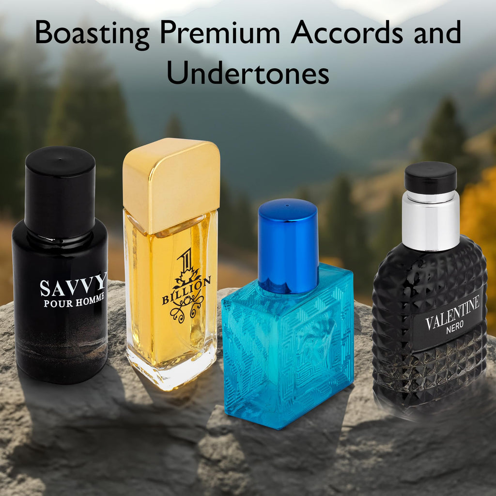 NovoGlow Signature Scent 4-Piece Mini Fragrance Set for Men – Verse Adonis, Valentine Nero, Savvy & 1 Billion (30ml Each)