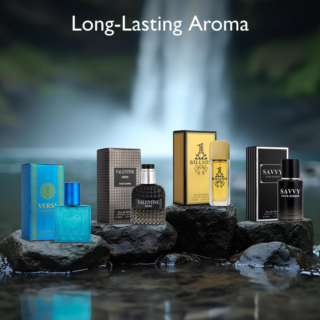 NovoGlow Signature Scent 4-Piece Mini Fragrance Set for Men – Verse Adonis, Valentine Nero, Savvy & 1 Billion (30ml Each)