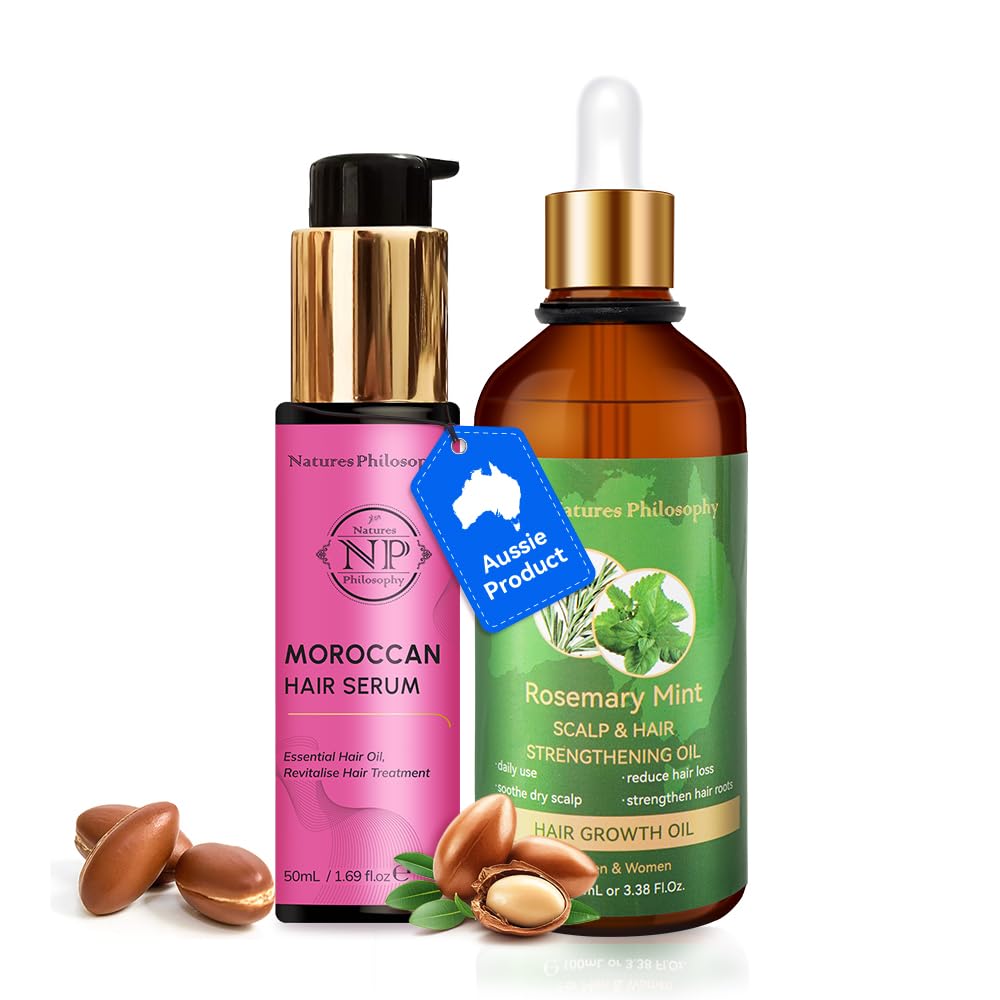 NP NATURES PHILOSOPHY Moroccan Argan Oil & Rosemary Hair Growth Oil Set | Organic Hair Serum, Anti-Frizz, Quick Absorption